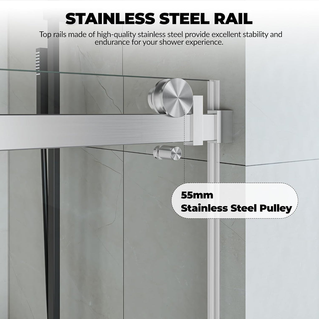 Glass Shower Door 56–60 Inch W x 76 Inch H, Frameless Sliding Shower Enclosure with Fixed Panel, 8mm Coated Tempered Safety Glass, Square Stainless Steel Rail, Brushed Sliver