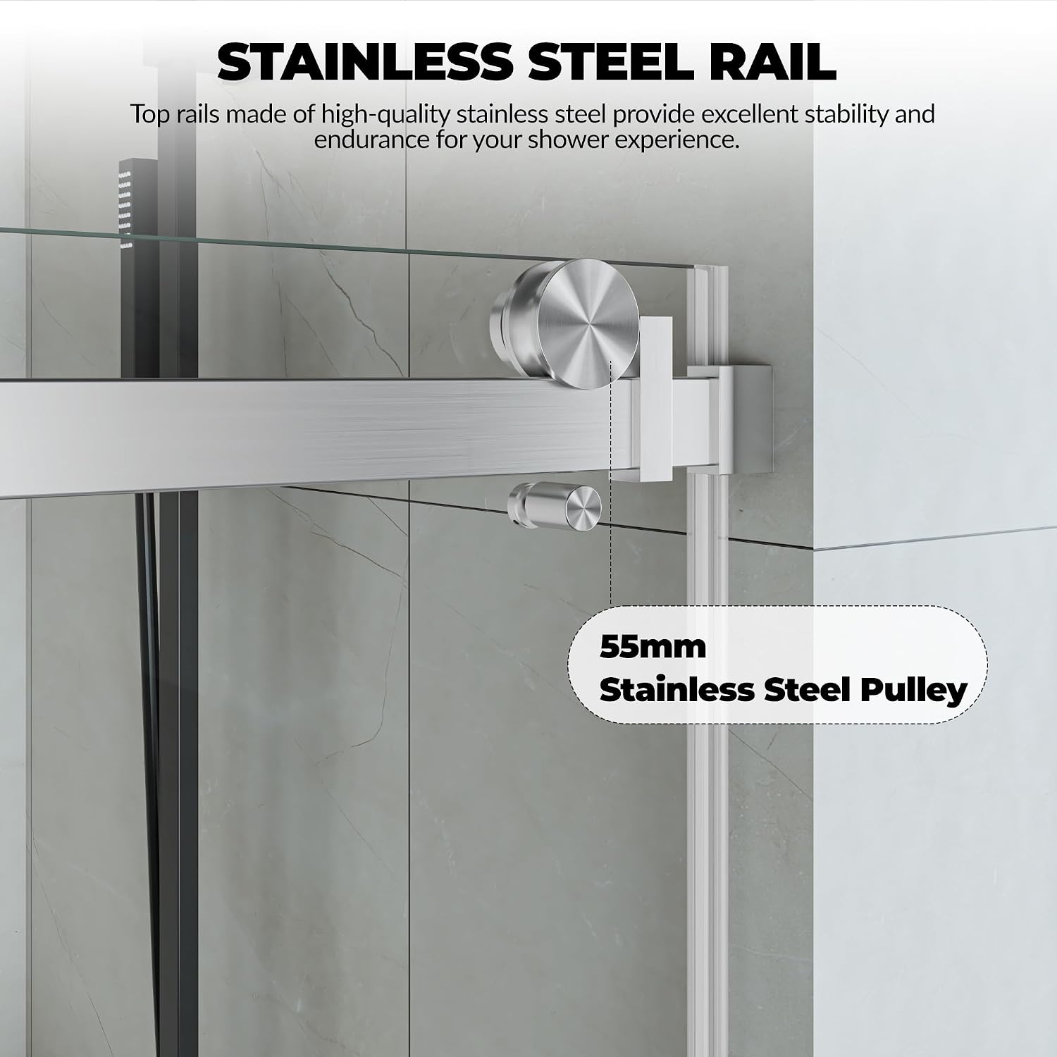 Sliding Shower Door 56–60 inch W× 76 inch H, Frameless Glass Shower Door with Square Stainless Steel Track and 55mm Rollers, 6mm Tempered Glass, Modern Sliding Shower Doors for Bathroom Remodeling