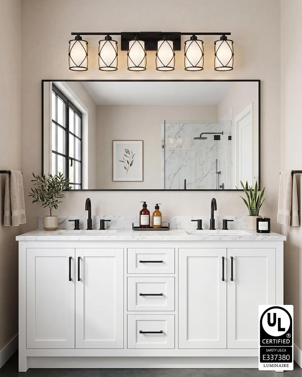 6-Light Matte Black Bathroom Light Fixtures Over Mirror, 42' UL-Listed Modern Farmhouse Wall Sconce Lights with Milk White Frosted Glass and Metal Cage for Bath, Hardwire E26, CH9176BKW-6W