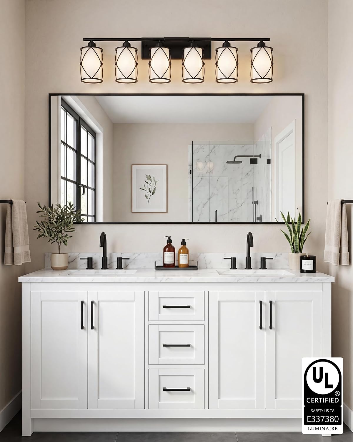6-Light Matte Black Bathroom Light Fixtures Over Mirror, 42' UL-Listed Modern Farmhouse Wall Sconce Lights with Milk White Frosted Glass and Metal Cage for Bath, Hardwire E26, CH9176BKW-6W