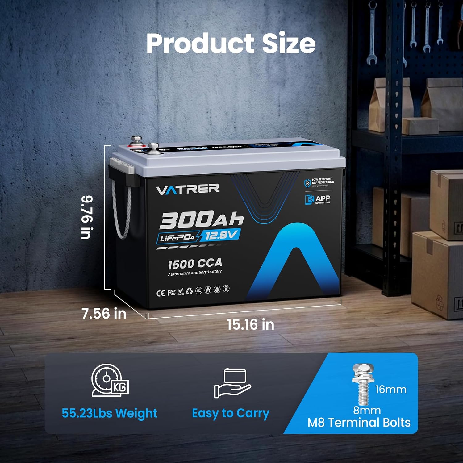 12V 300Ah Lithium LiFePO4 Battery with APP Monitoring, 200A BMS Rechargeable Starting Battery, High/Low Temperature Protection, 2560W Max Load Power for RVs, Solar, Boats, Off-Grid,Home Energy Storage
