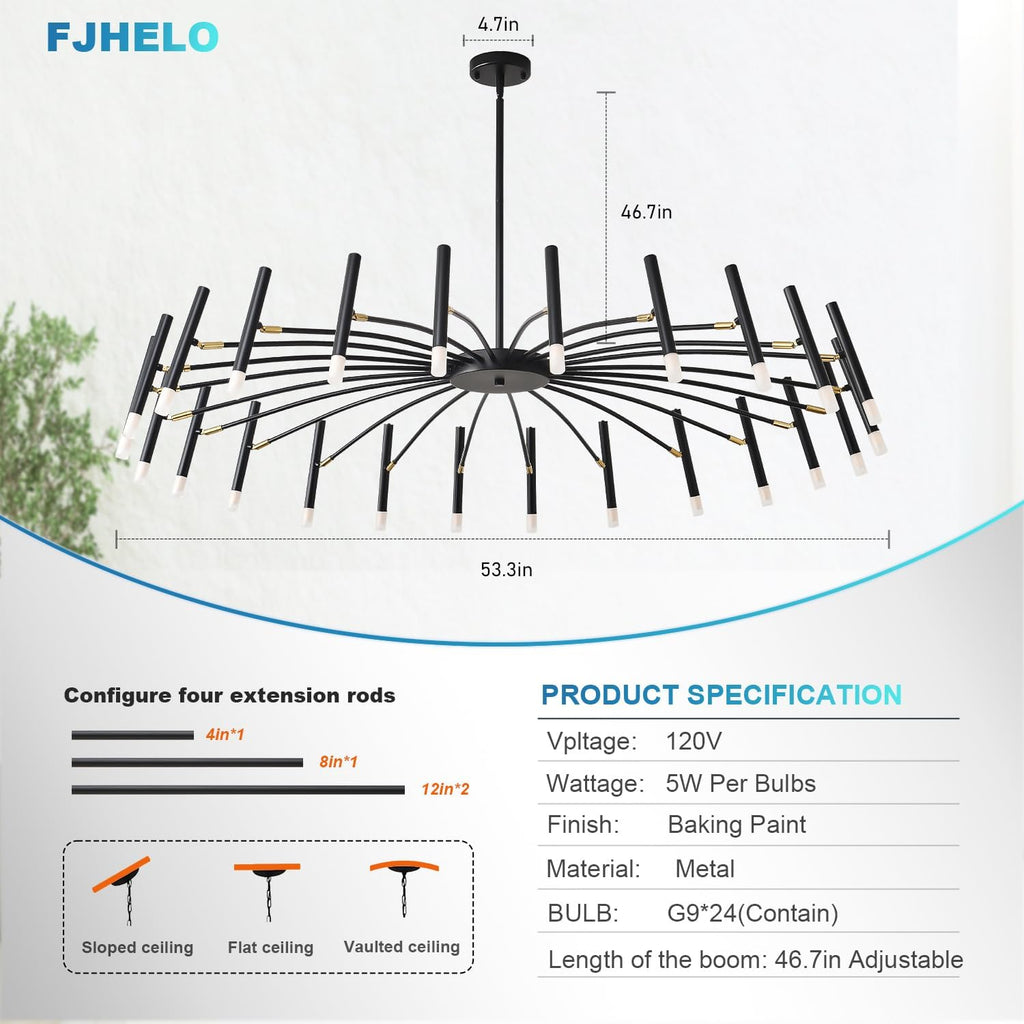 Sputnik Chandelier w/ G9 Sockets, Dia.53' Tree Branch Black Light Fixture | Lighting Direction Adjustable, 15'-47' Height Adjustable