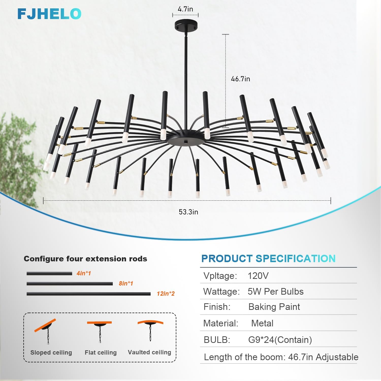 Sputnik Chandelier w/ G9 Sockets, Dia.53' Tree Branch Black Light Fixture | Lighting Direction Adjustable, 15'-47' Height Adjustable
