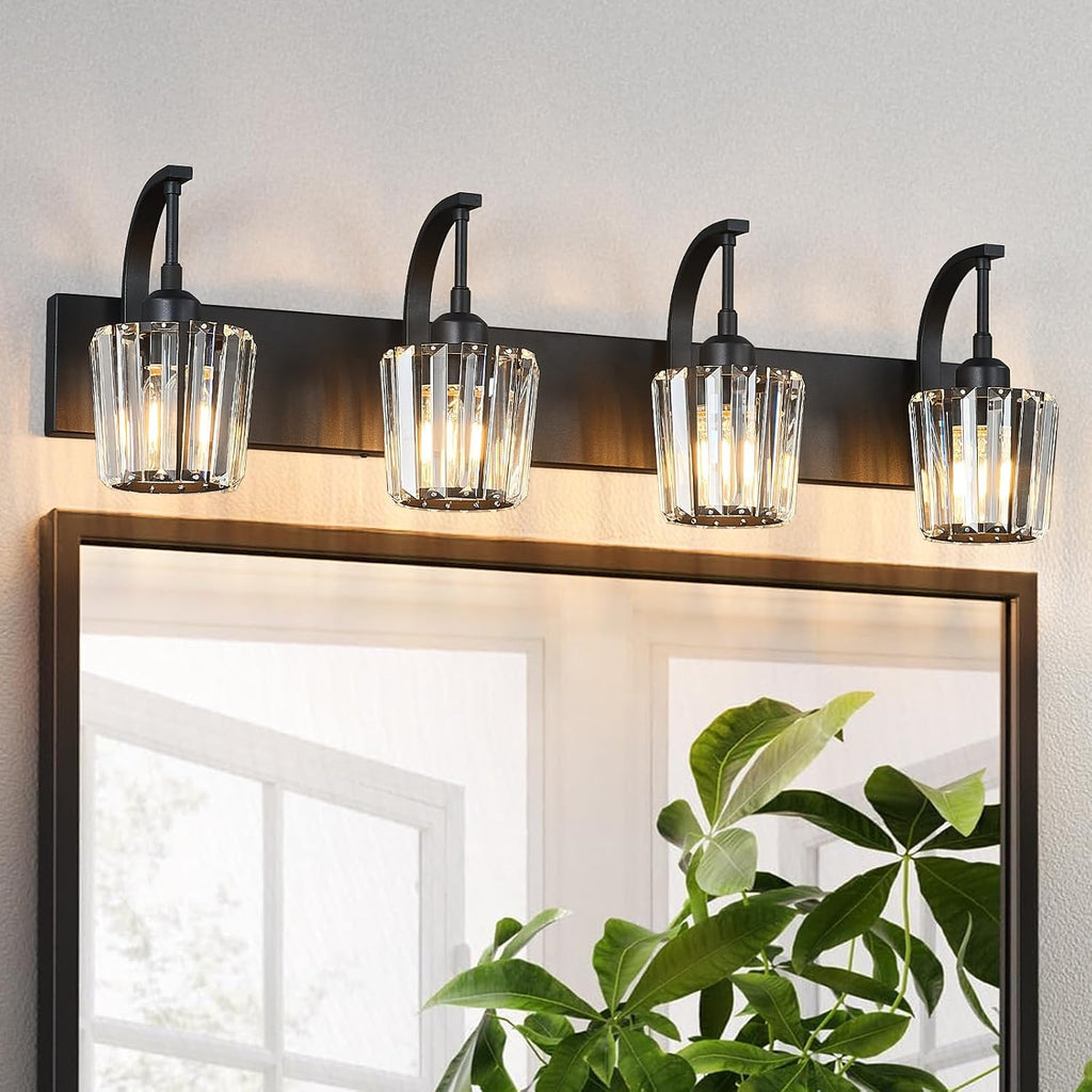Modern Bathroom Vanity Light, 4-Light Black Wall Sconce with Crystal Accents, Over Mirror Bathroom Lighting Fixture, 32.67' Long Dimmable Vanity Lamp for Makeup, Easy Installation