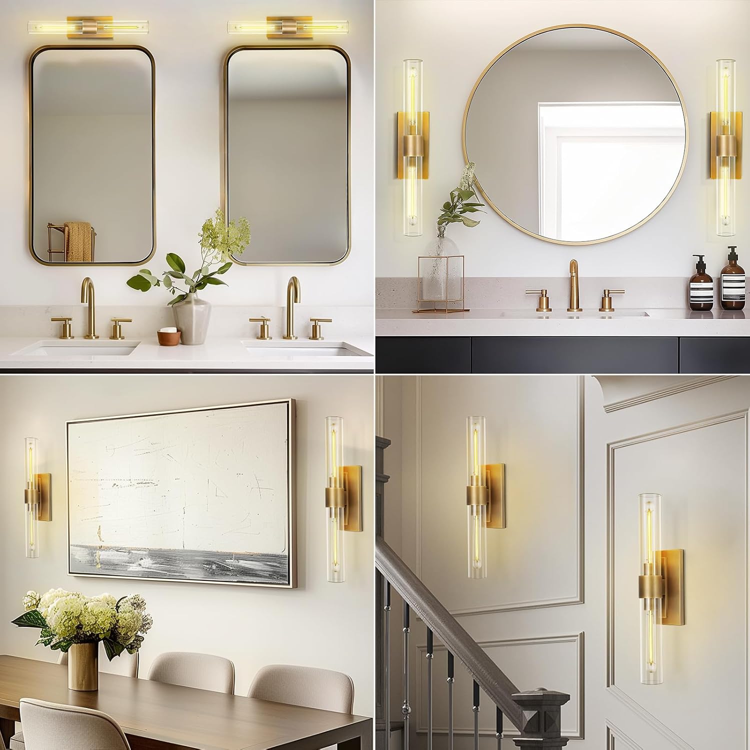 Modern Brass and Glass Wall Sconces, 24' Vanity Lights for Bathroom 2 Lights, Horizontal or Vertical Linear Wall Sconce,Indoor Sconces Wall Lighting,Bathroom Wall Sconce Set of Two