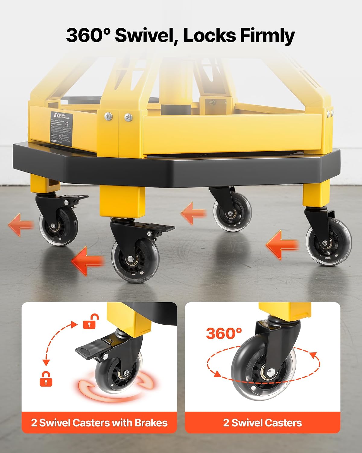 VEVOR Rolling Shop Stool with Wheels, 19.7'-25.6' Adjustable Height, 360° Swivel, 330 lbs Capacity, Garage Work Mechanic Stool with Backrest, Tool Tray Storage, Padded Seat Shop Chair, Black/Yellow