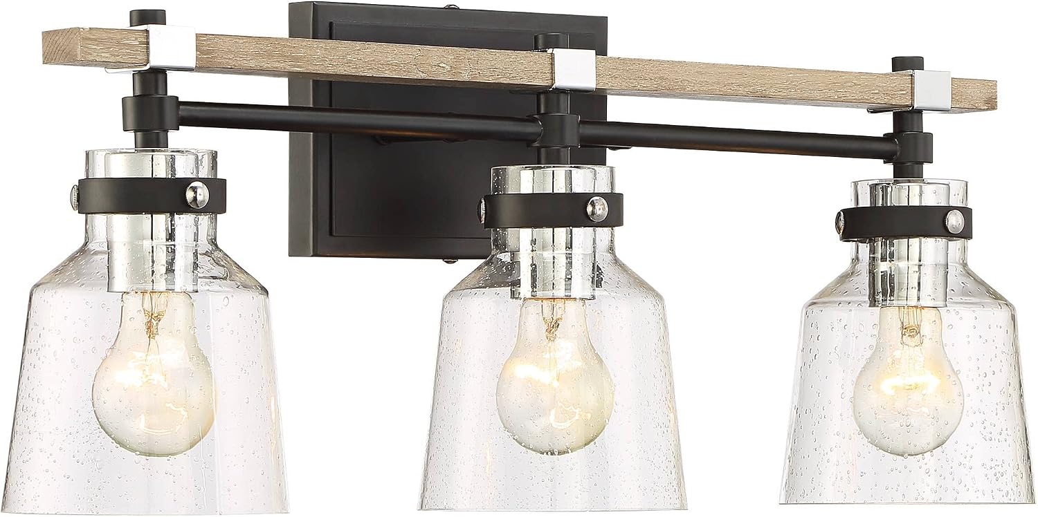 Possini Euro Design Broadway Modern Industrial Wall Light Black Painted Faux Wood Hardwired 23' 3-Light Fixture Clear Seedy Glass Shade for Cottage Core Bedroom Bedside Bathroom Vanity Living Room