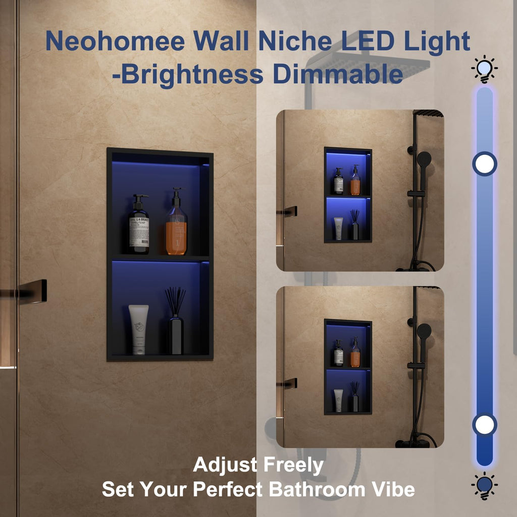 2-Tiers 12x24 Shower Niche, RGB LED Light Strips, Matte Black Wall Cabinet Shlef, Stainless Steel NO Tile Needed Recessed Wall Niche for Bathroom Storage Organizer