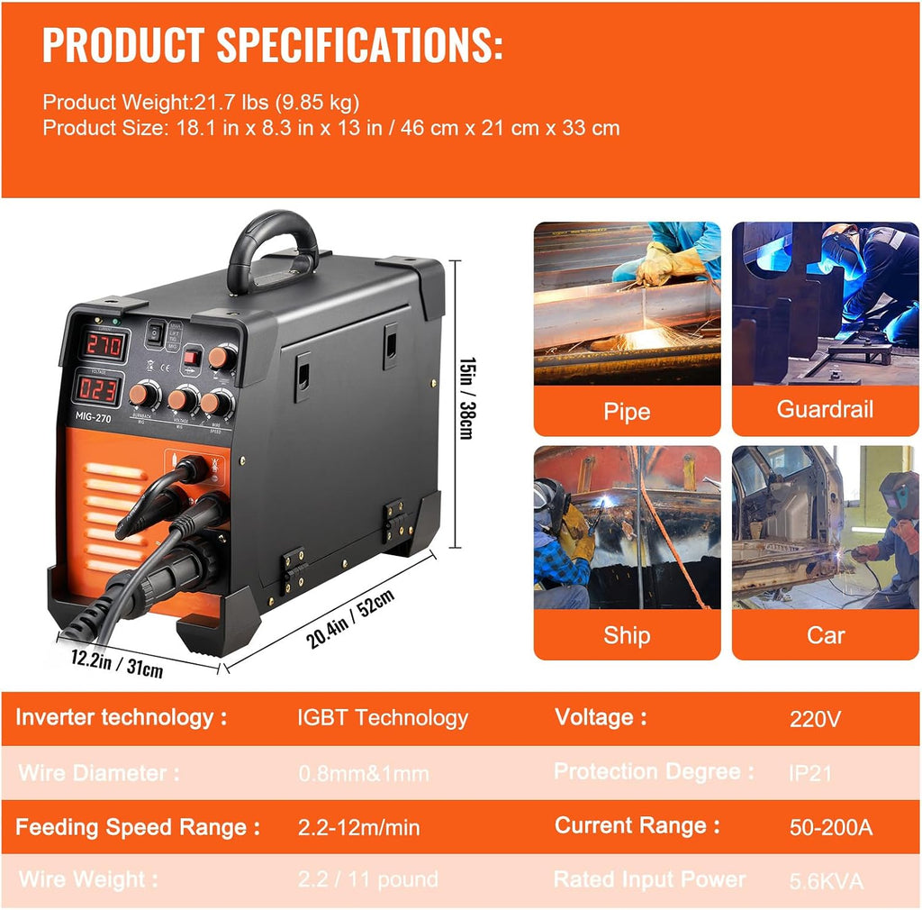VEVOR MIG Welder, 3 in 1 270 Amp Welding Machine, 110 220V MIG Lift TIG Arc Welder, Portable Lift TIG Welder ARC Welder with IGBT DC Inverter, LCD Digital Display, Welder Torch and Welding Wire