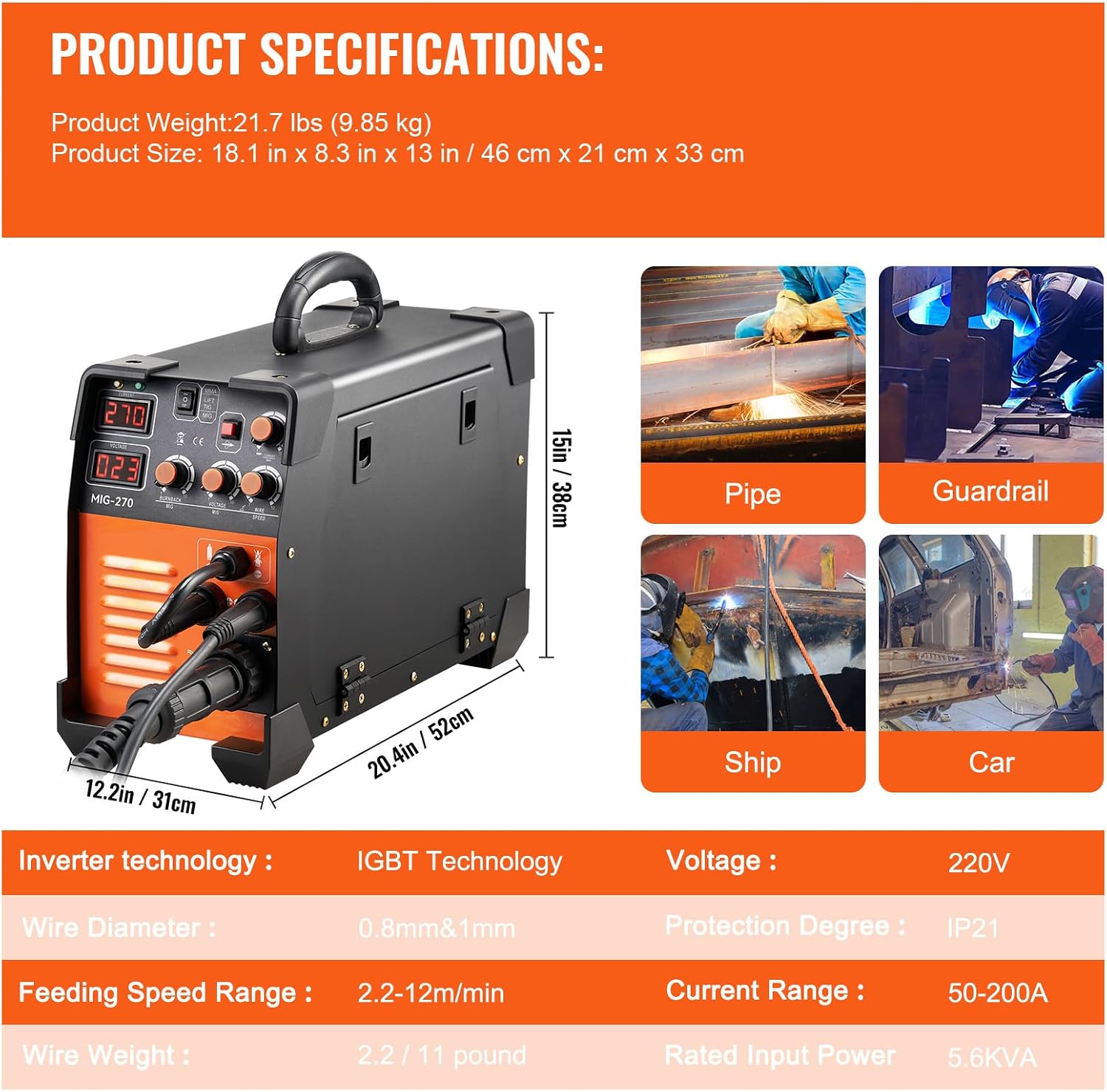 VEVOR MIG Welder, 3 in 1 270 Amp Welding Machine, 110 220V MIG Lift TIG Arc Welder, Portable Lift TIG Welder ARC Welder with IGBT DC Inverter, LCD Digital Display, Welder Torch and Welding Wire
