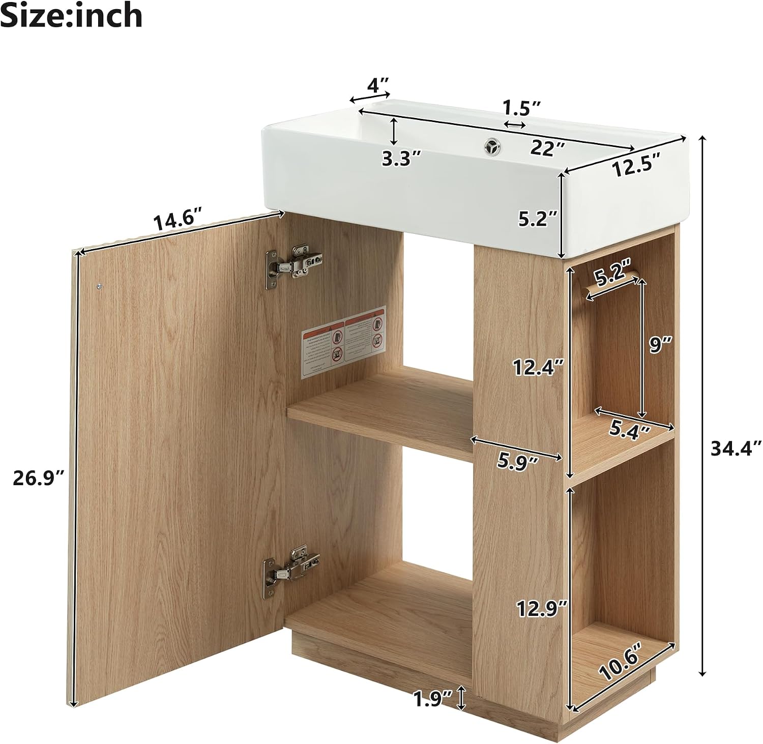 21.6-inch Bathroom Vanity with Reversible Sink, Free-Standing Single Storage Cabinet with One Left Door and Side Open Shelf, Vanity with Ceramic Basin for Bathroom (Wood)