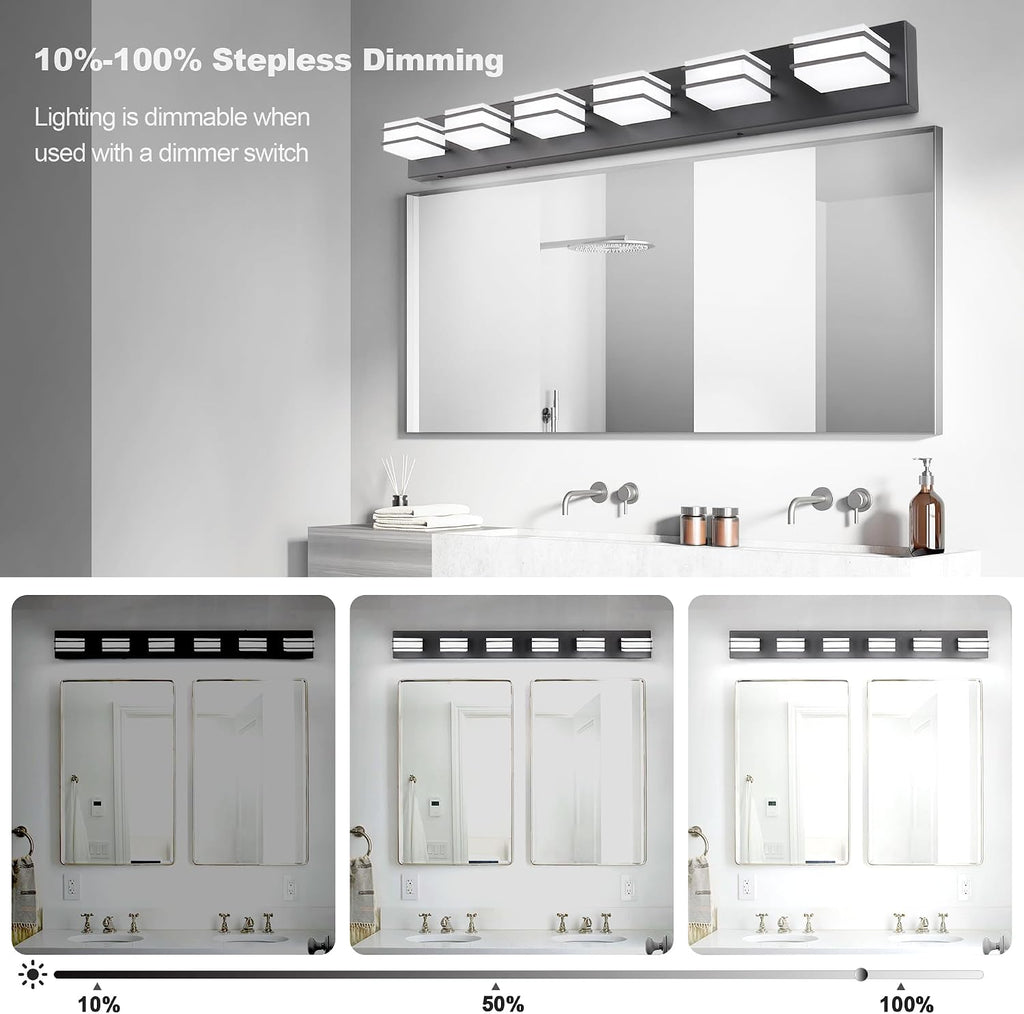 GOODATE 3 Color Temperature Dimmable Vanity Lights for Bathroom, Black 6 Light Vanity Light Fixtures, Acrylic Stainless Steel Square Shade Light Fixtures for Bathroom Above Mirror, ETL Certificated