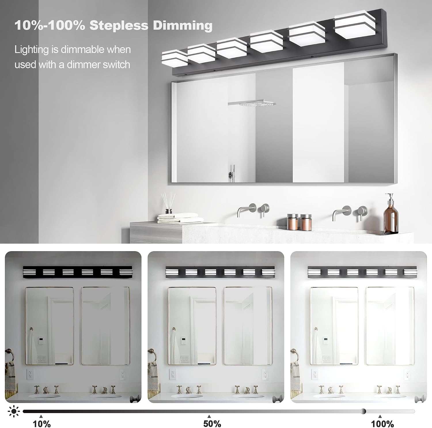 GOODATE 3 Color Temperature Dimmable Vanity Lights for Bathroom, Black 6 Light Vanity Light Fixtures, Acrylic Stainless Steel Square Shade Light Fixtures for Bathroom Above Mirror, ETL Certificated