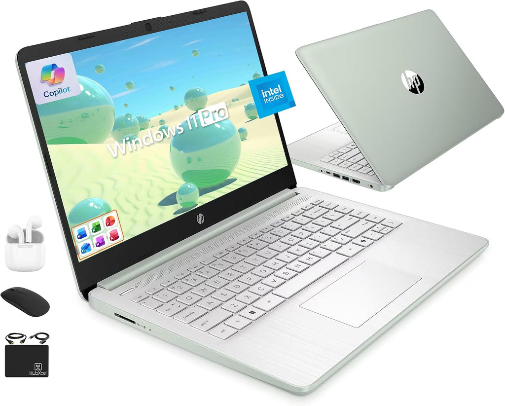 HP Ultrabook 14 Laptop Computer Business Study & Home 2025, Lifetime MS Office + Windows 11 Pro, Quad-Core Intel CPU, 8GB RAM & 628GB Storage (128GB UFS+500GB Ext), Wi-Fi 6, HubxcelAccessory, Geeen