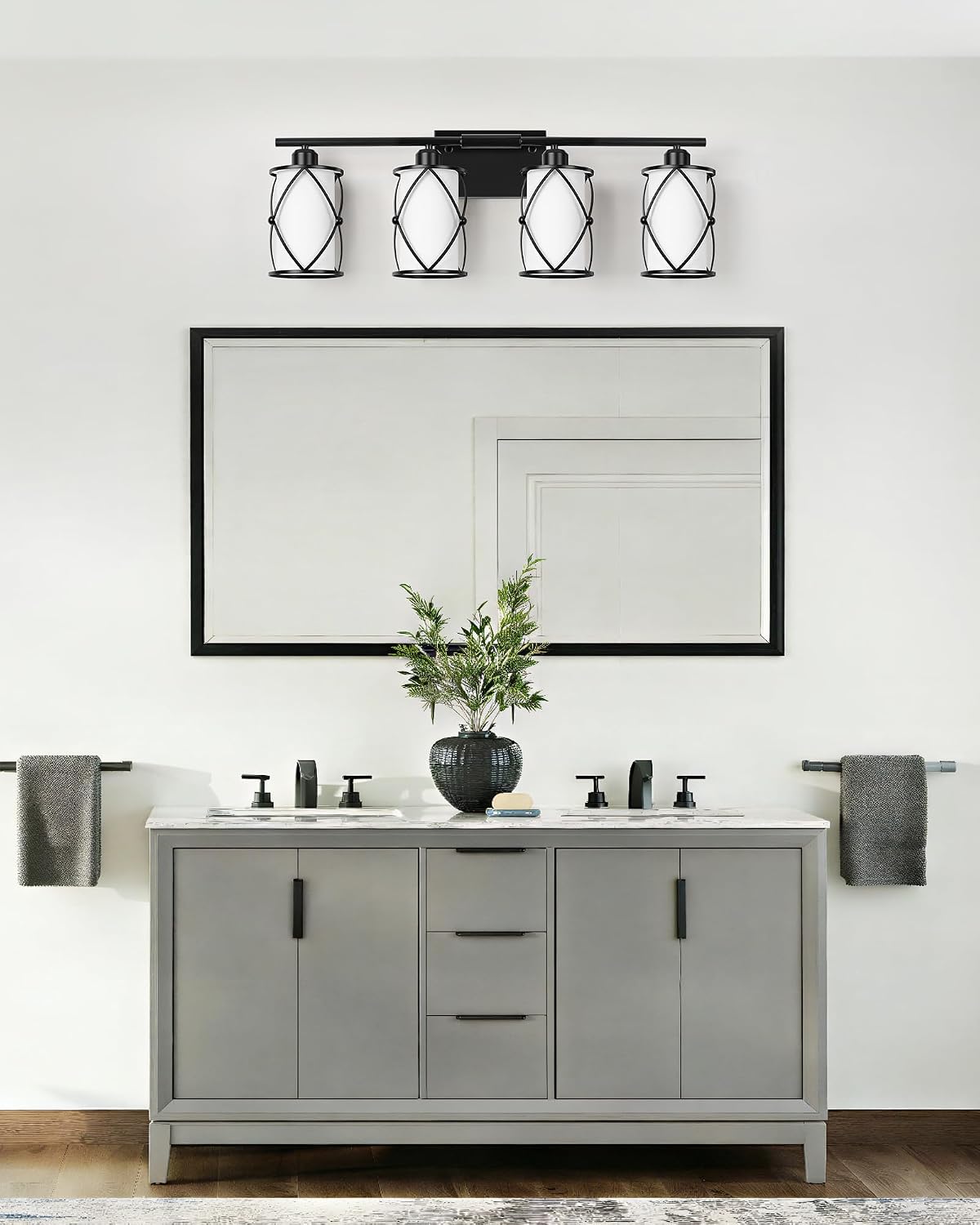 4-Light Black Bathroom Light Fixtures with Milk White Frosted Glass, 29' Modern Bathroom Vanity Lighting Fixtures Over Mirror with Metal Cage, Wall Sconce Lights for Bath, E26, CH9176BKW-4W