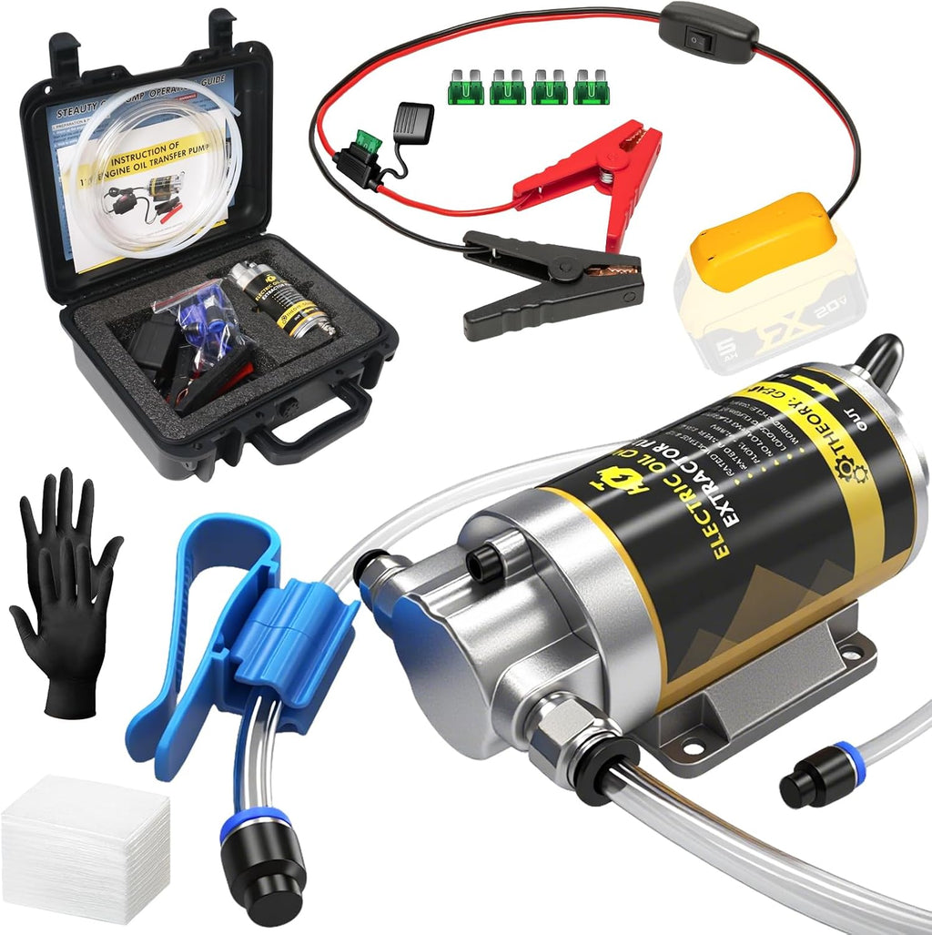 12V/24V 100W Portable Oil Extractor Pump Set, All-in-One Oil Transfer Pump with Yellow Battery Adapter Compatible with DEWALT 20V/18V Battery, Fluid Transfer for Home Business Farm Boat