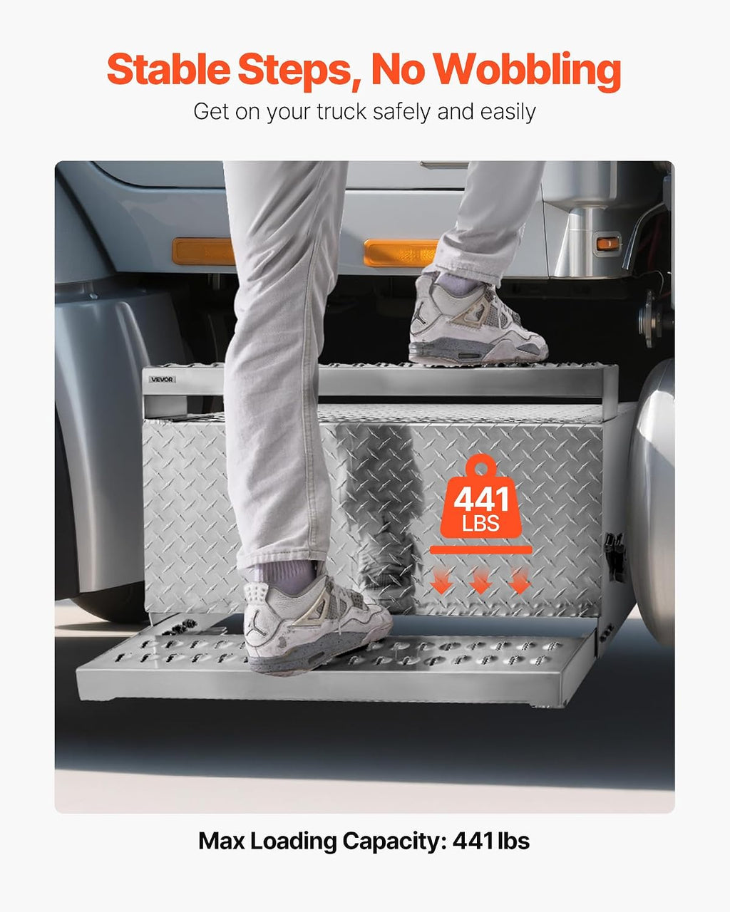 VEVOR Semi-Truck Step Tool Box, 31' x 30' x 19' Heavy Duty Aluminum Diamond Plate Toolbox, Waterproof Cab Entry Step Storage Box with Shock-Absorbing Latch for Flatbed, Crane, and Semi Trucks