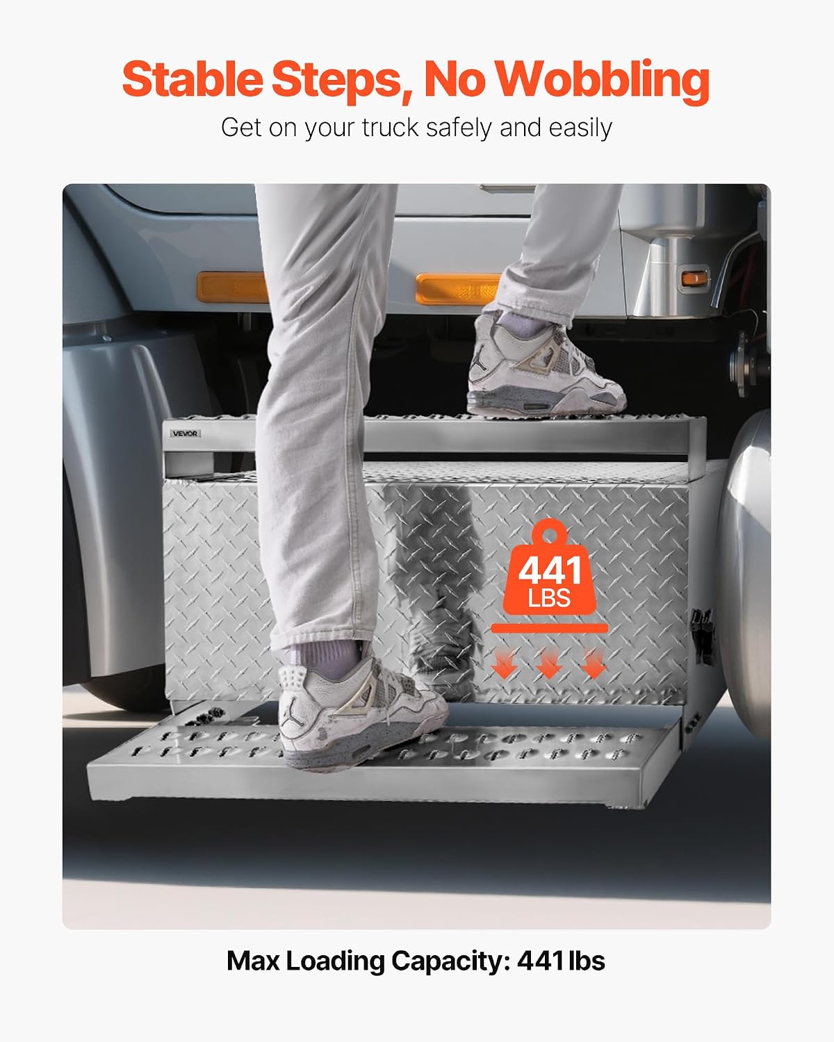 VEVOR Semi-Truck Step Tool Box, 31' x 30' x 19' Heavy Duty Aluminum Diamond Plate Toolbox, Waterproof Cab Entry Step Storage Box with Shock-Absorbing Latch for Flatbed, Crane, and Semi Trucks