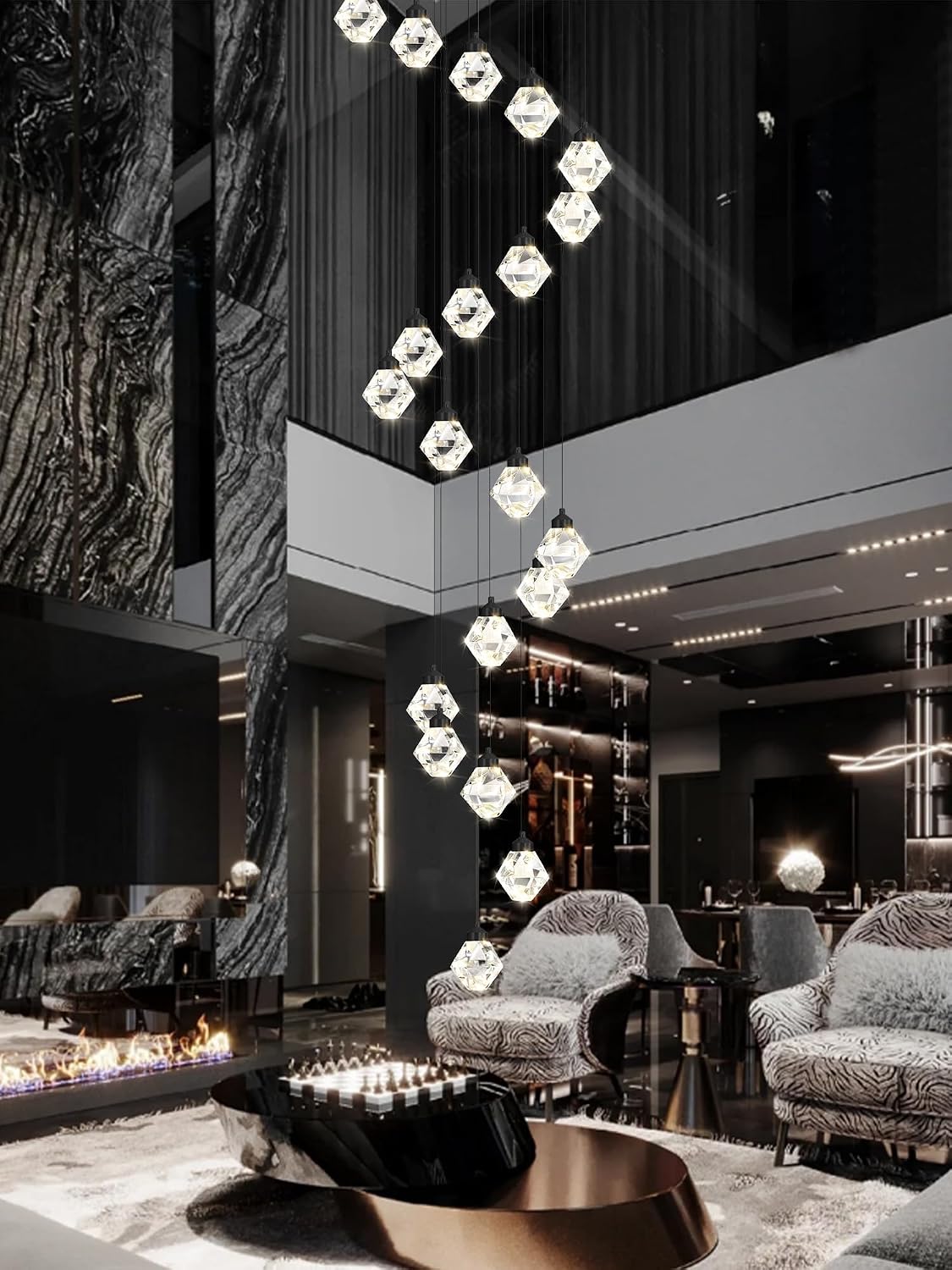 H142 Large Modern Black Crystal Chandelier, 26-Light High Ceiling Pendant Light Fixture for Staircase, Living Room, Foyer, Entryway
