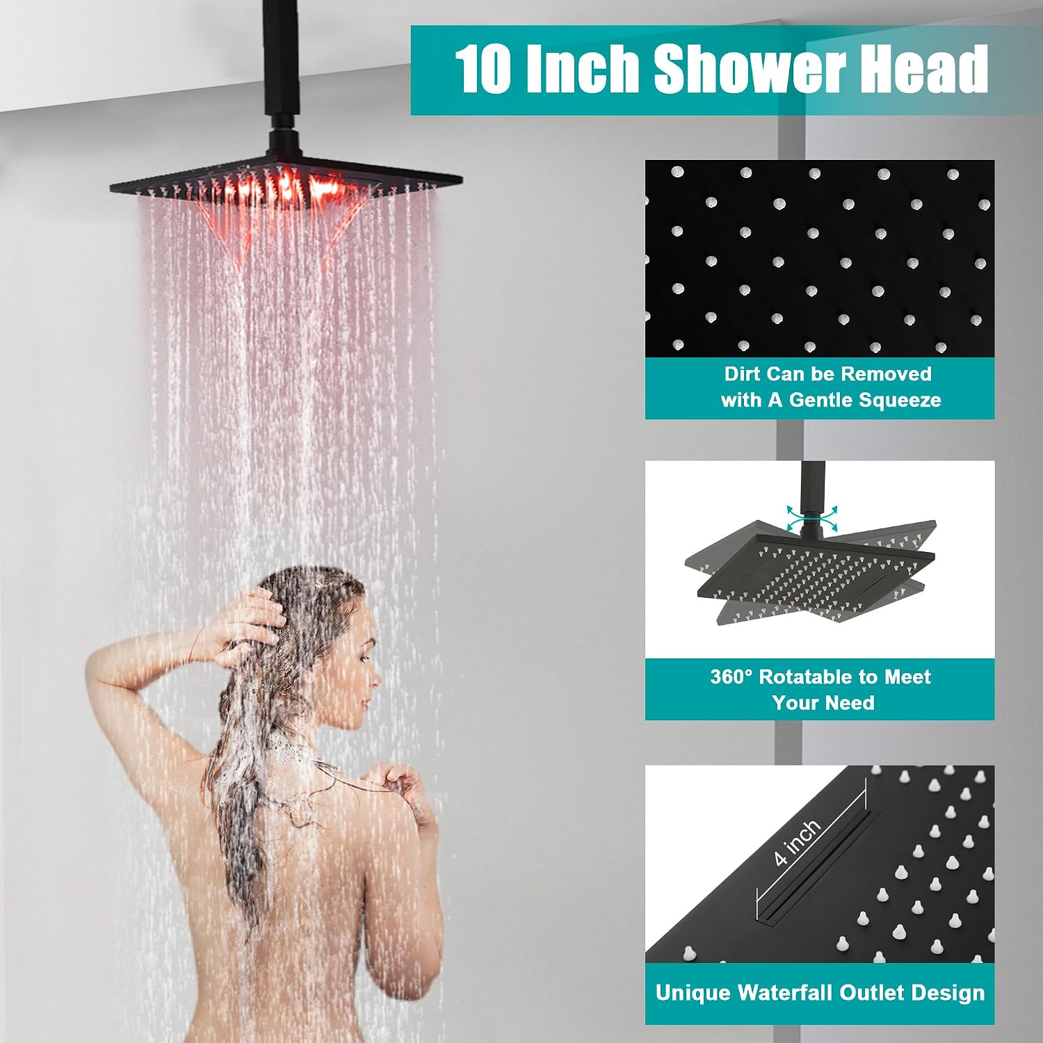 SKOWLL Ceiling Mount Shower System 10 Inch LED Rain Shower Head with Handheld, High Pressure Rainfall Bathroom Shower System Matte Black Shower Faucet Set with Rough in Valve