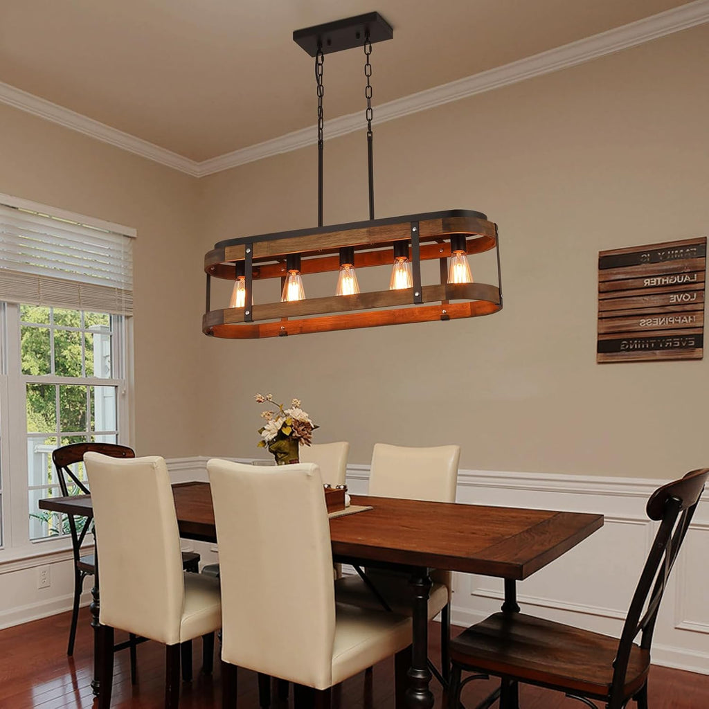 Rustic Farmhouse Wood Kitchen Island Lighting, 5 Lights Rectangular Pendant Light Fixture, Adjustable Rods Oak Wood and Metal Linear Chandelier for Kitchen Island Farmhouse Dining Room, Black