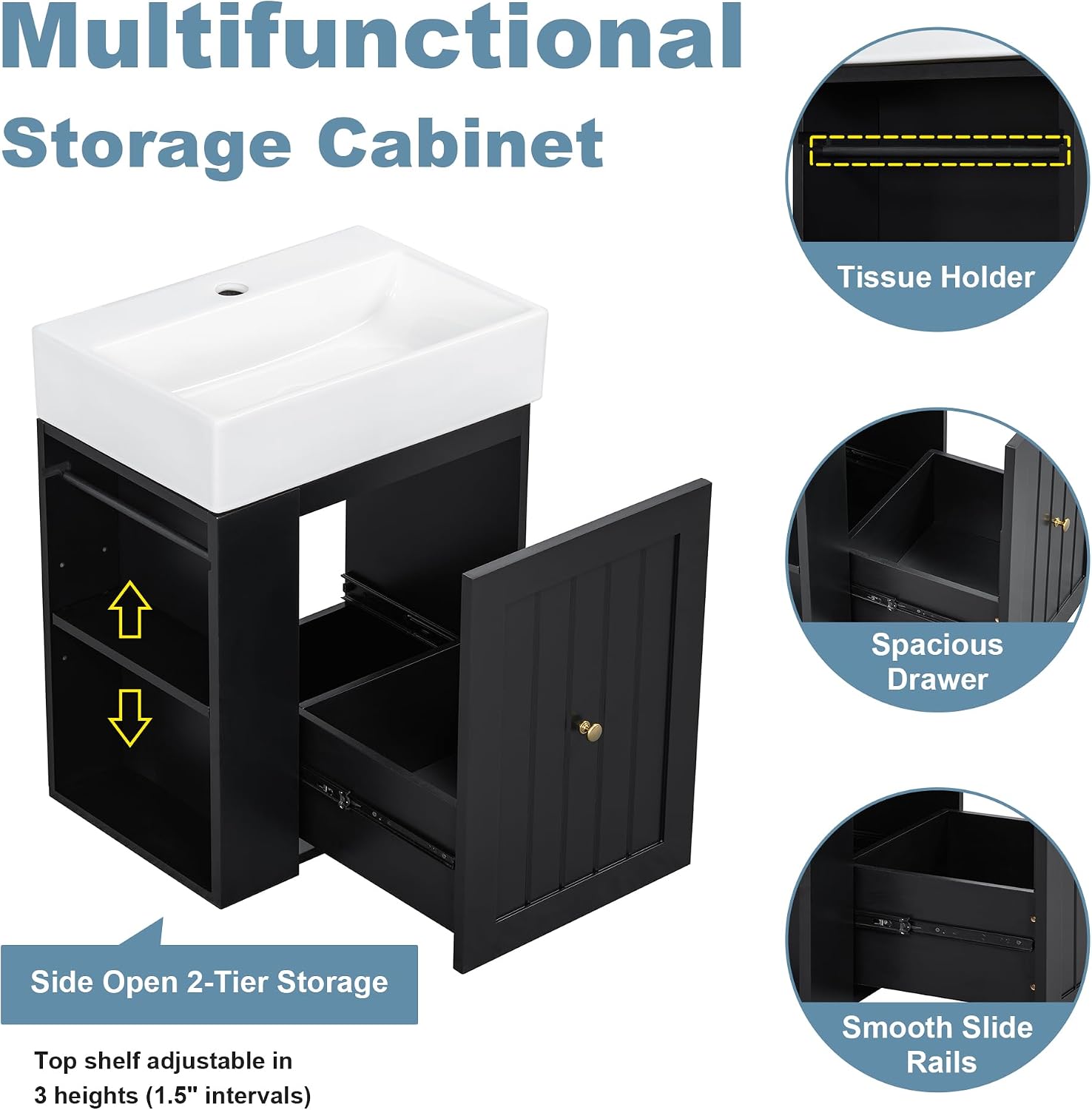 20-inch Bathroom Vanity with Sink Combo, Wall-Mounted Single Storage Cabinet with One Drawer& Left 2-Tier Storage Shelves, Wooden Vanity with Ceramic Basin for Bathroom, Black