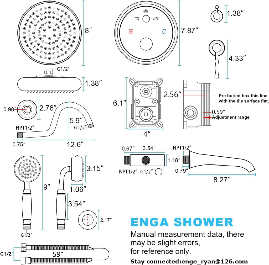 Enga Brushed Gold Antique Brass Tub Shower Faucet Fixture Shower System, 8inch Wall Mount Rain Shower with Spout and Hand Spray