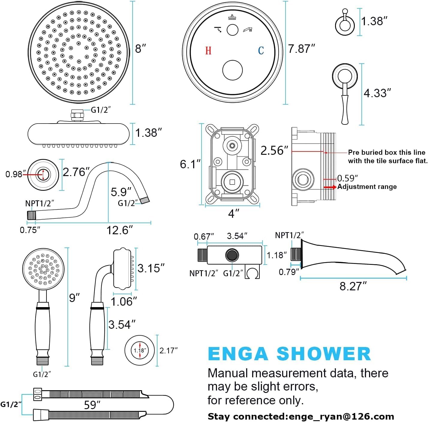 Enga Brushed Gold Antique Brass Tub Shower Faucet Fixture Shower System, 8inch Wall Mount Rain Shower with Spout and Hand Spray