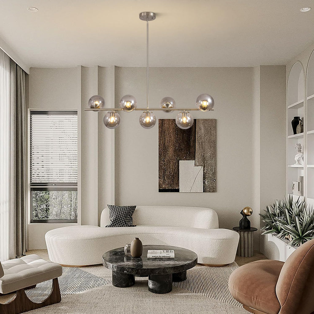 KCO Lighting MCM Brushed Nickel Linear Sputnik Chandeliers for Dining Room | 31.5' Rod for Sloped Ceiling, 7W 3000K E26 Bulb Included, Smoke Gray Glass Globe Pendant Light for Kitchen Island Living Room