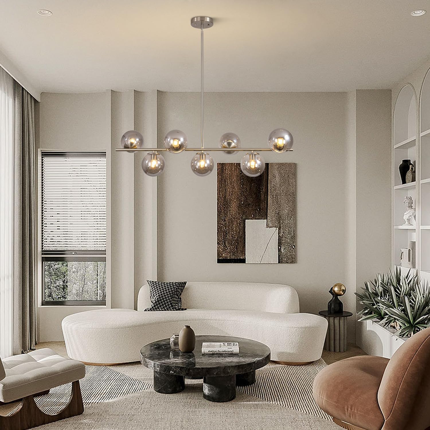 KCO Lighting MCM Brushed Nickel Linear Sputnik Chandeliers for Dining Room | 31.5' Rod for Sloped Ceiling, 7W 3000K E26 Bulb Included, Smoke Gray Glass Globe Pendant Light for Kitchen Island Living Room