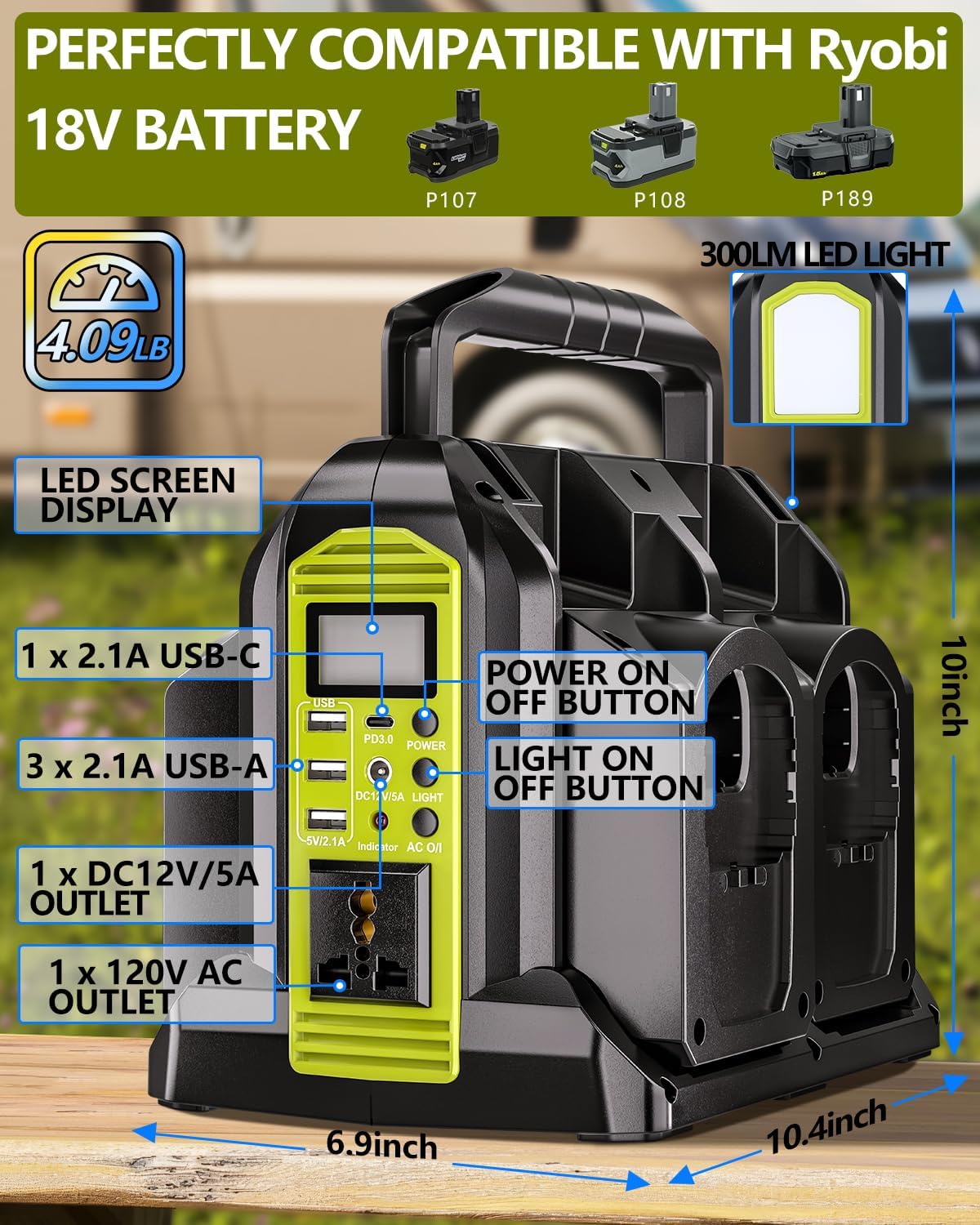 Taingwei 350W Power Inverter for Ryobi 18V Battery, 4-Ports DC 18V to AC 110-120V Battery Inverter with 3 USB-A Port, 1 USB-C Port,300lm LED Light for Outdoors Camping Emergency(Tool Only)