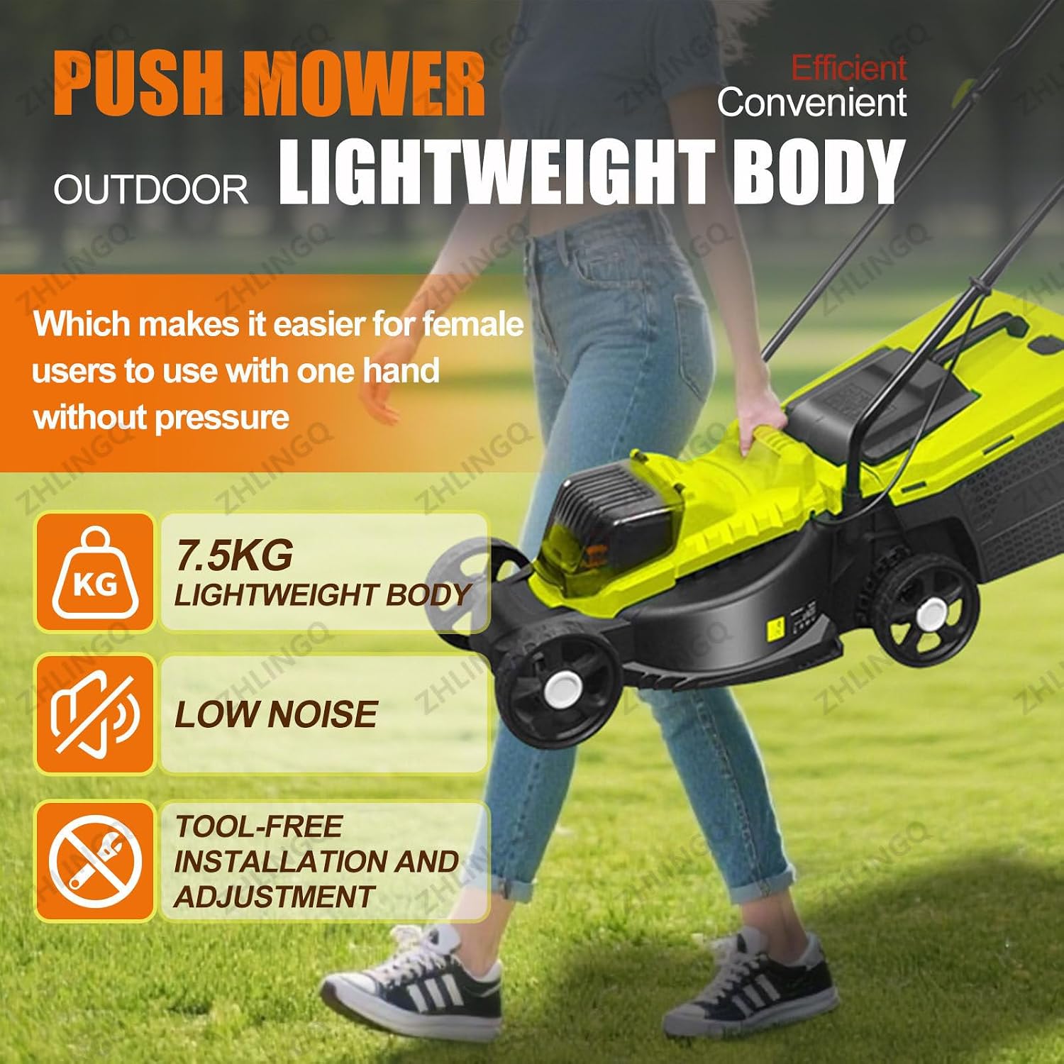 Push Lawn Mower, 1600W Ultra-Light Lawn Mower Battery Powered, Self Propelled Electric Lawn Mower, 50Min Runtime, 10.6 Gallon Grass Bag, 30mm/50mm/70mm-Position Height Adjustment,Battery*2