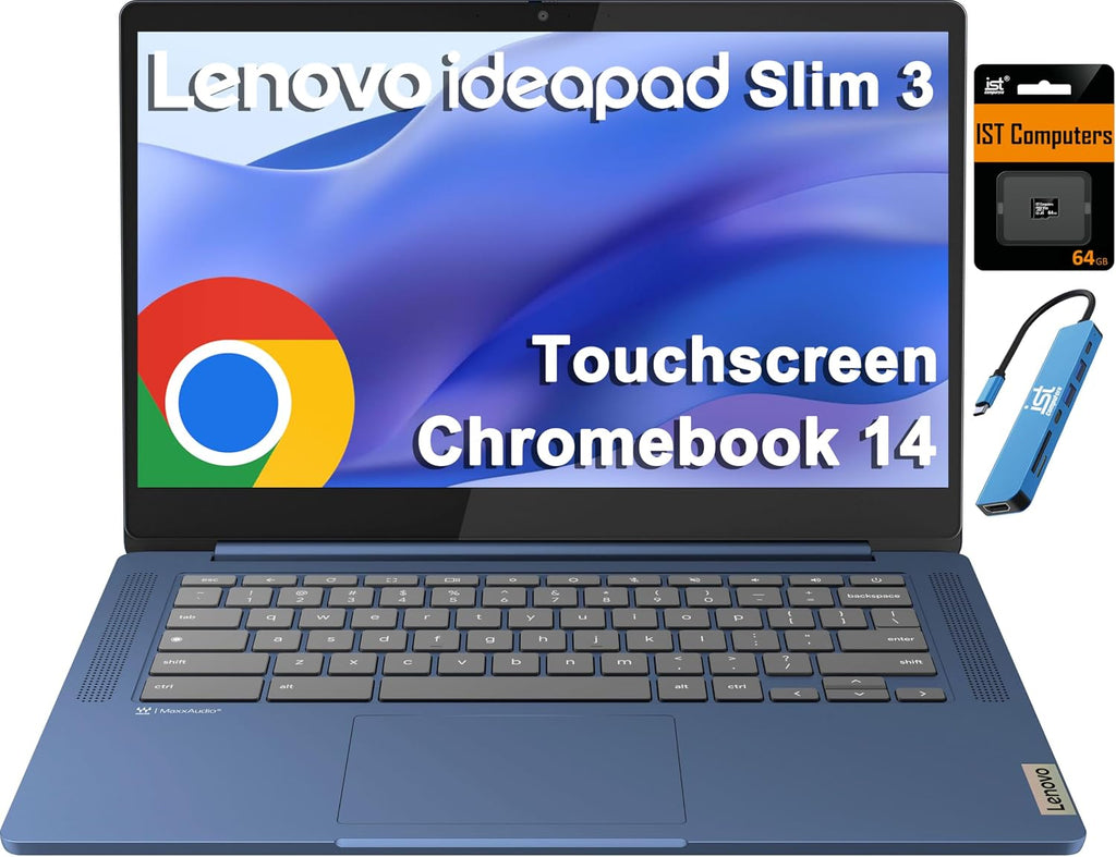 Lenovo Chromebook 14 Laptop (14' FHD Touchscreen, 8-Core 2.0GHz Processor, 4GB RAM, 128GB (64GB eMMC + 64GB SD Card)) Anti-Glare, 13-Hr Long Battery Life, Webcam, IST HUB, Chrome OS w/Google AI, Blue