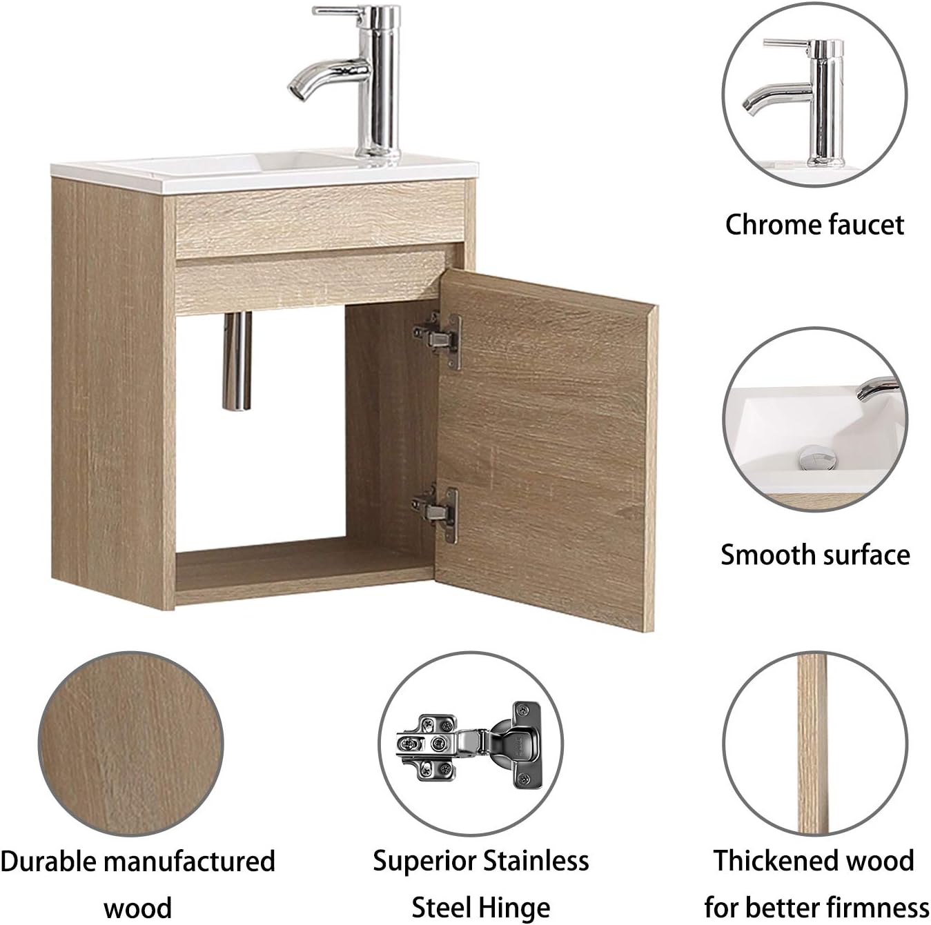 wonline 16' Single Sink Bathroom Vanity, Floating Modern Bathroom Vanity with Sink for Small Space