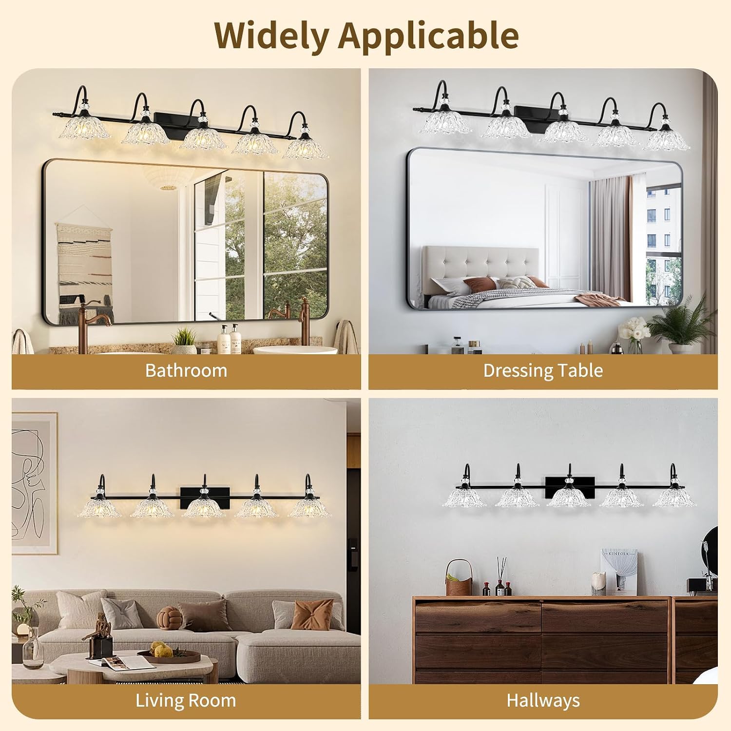 Black Bathroom Vanity Light, 5-Light Vanity Light with Crystal Glass Shades, Vintage Farmhouse Vanity Lighting for Bathroom and Dressing Table