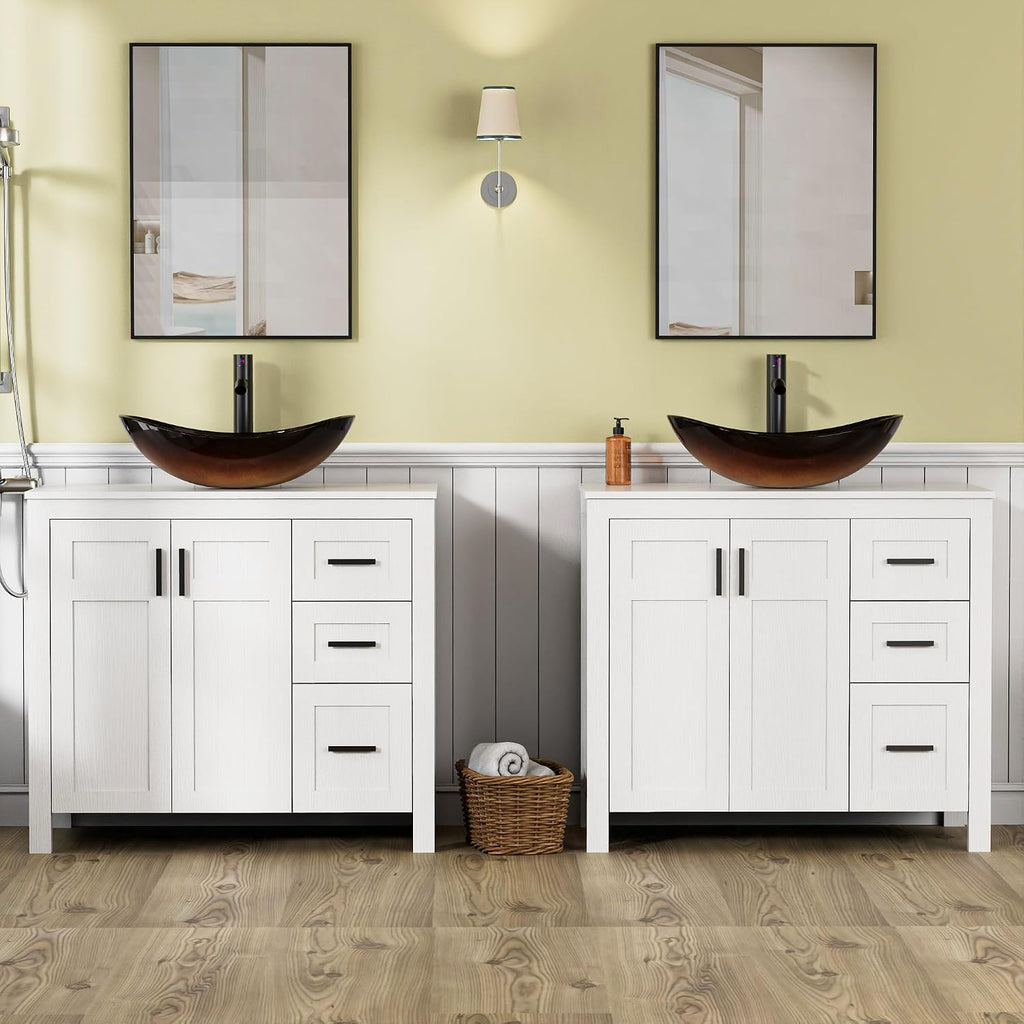 UEV 36' Bathroom Vanity with Sink Combo,Modern Freestanding Sink Cabinet with 3 Drawers,Stylish Bathroom Vanity Cabinet,Grooved Door,Metal Handles,Vessel Sink (Bronze Boat, 36' White)