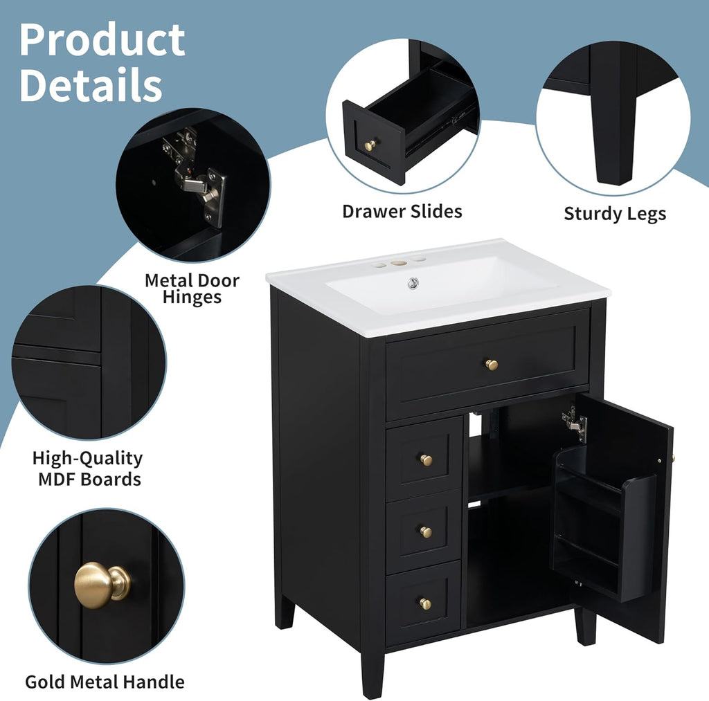 24-inch Bathroom Vanity with Sink Combo, Free-Standing Single Storage Cabinet with Tilt-Out Drawer, 3 Drawers, Adjustable Shelf & Storage Rack, Vanity with Ceramic Basin for Bathroom (Black)