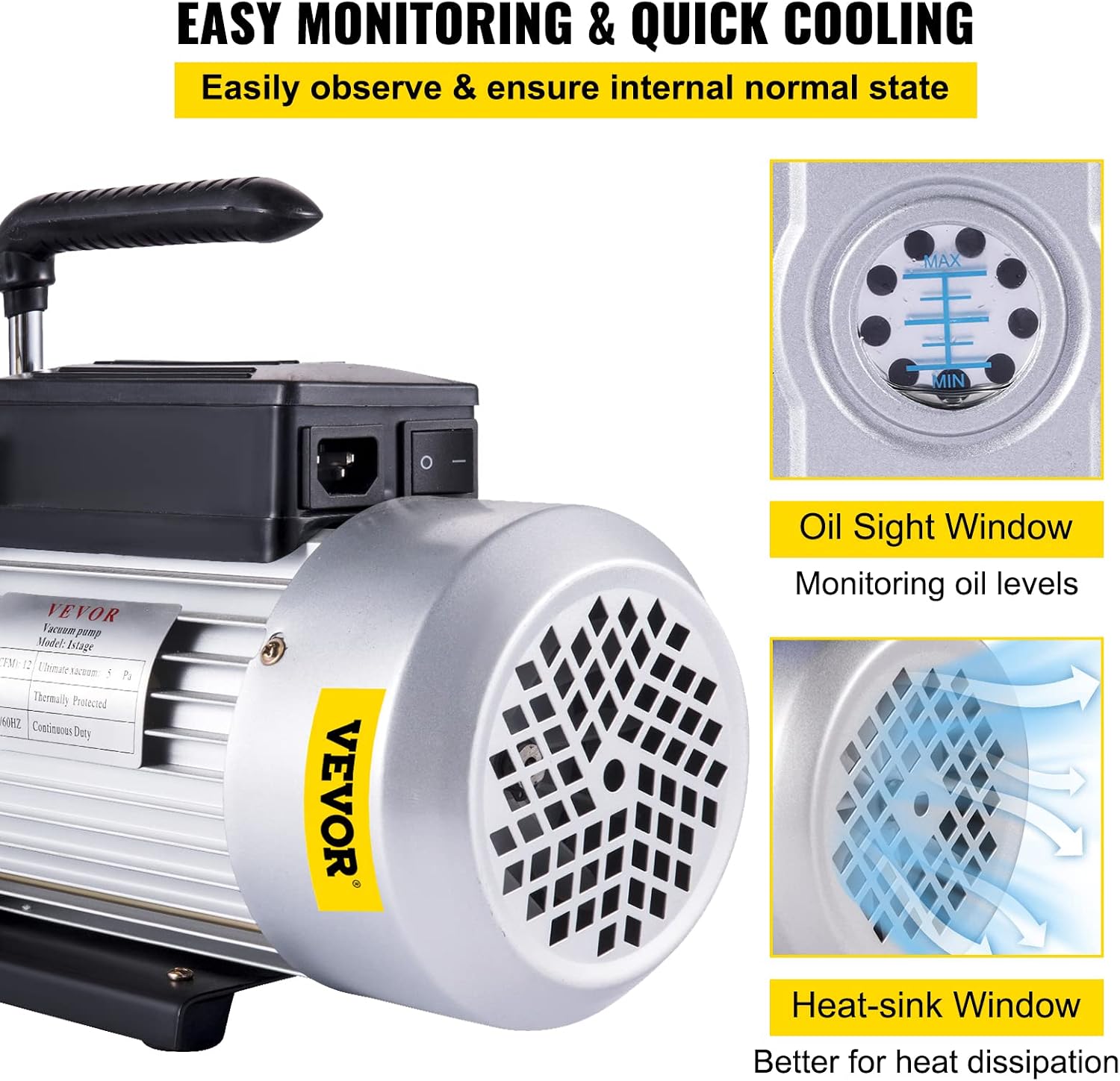 VEVOR Vacuum Pump 12CFM 1 HP Single Stage Air Conditioning Vacuum Pump 110V 5PA Ultimate Vacuum Refrigerant HVAC Air Tool Rotary Vane Vacuum Pump for Automobile Vacuum Evacuation