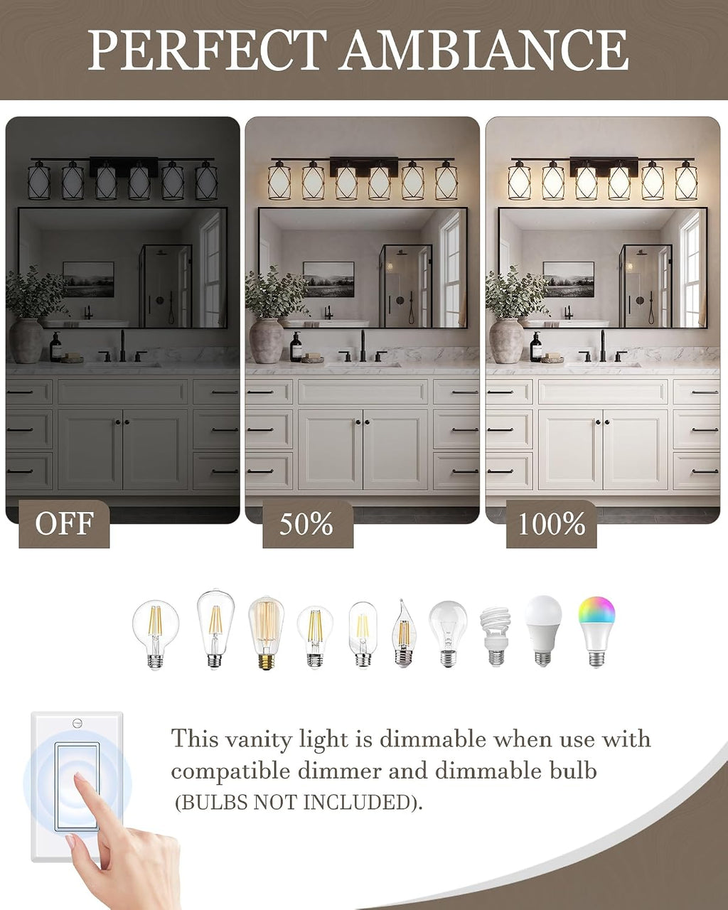 6-Light Matte Black Bathroom Light Fixtures Over Mirror, 42' UL-Listed Modern Farmhouse Wall Sconce Lights with Milk White Frosted Glass and Metal Cage for Bath, Hardwire E26, CH9176BKW-6W