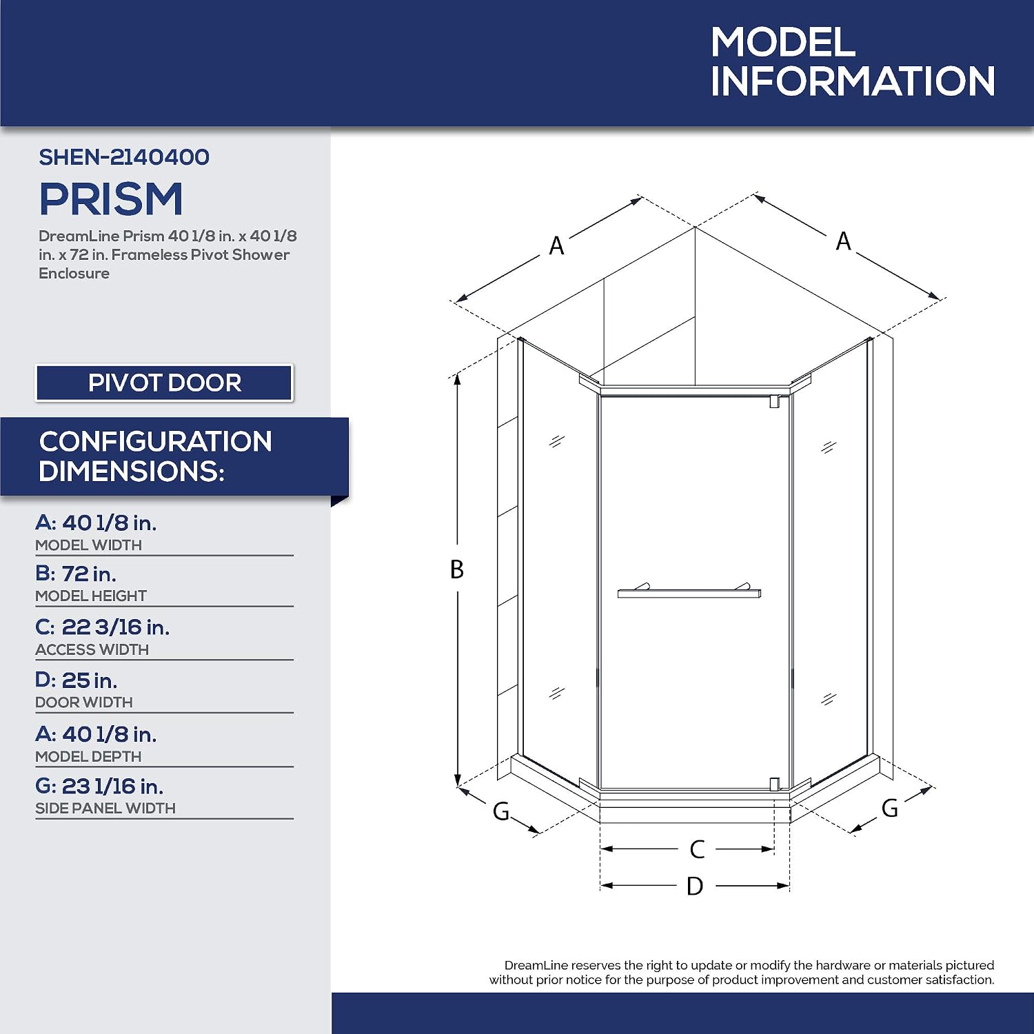 DreamLine Prism 42 inch D x 42 inch W x 74 3/4 inch H Frameless Neo-Angle Pivot Shower Enclosure in Matte Black with White Shower Base Kit