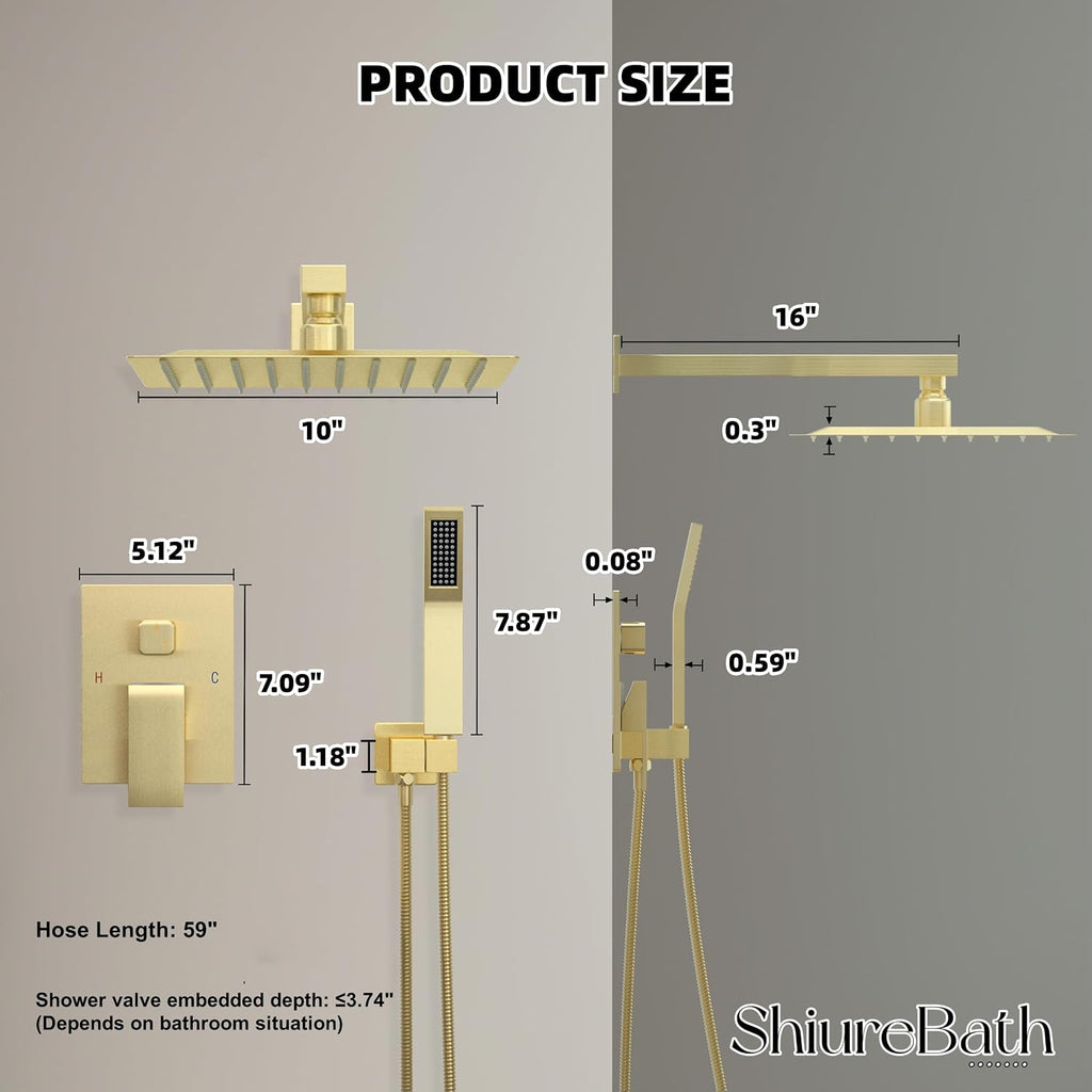 10 Inch Shower Faucet Set, Rainfall Shower System with Square Fixed Shower Head and High Pressure Handheld Shower Head, Spray Wall Mounted Rainfall Shower Fixtures, Brushed Gold