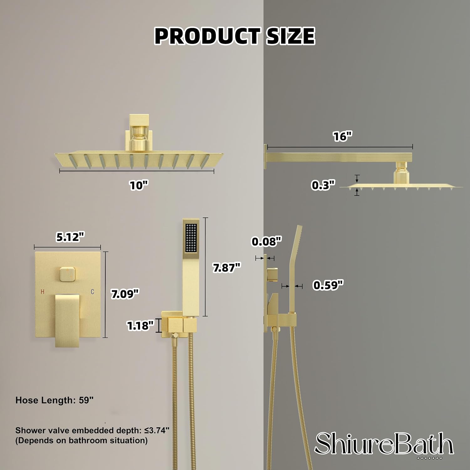 10 Inch Shower Faucet Set, Rainfall Shower System with Square Fixed Shower Head and High Pressure Handheld Shower Head, Spray Wall Mounted Rainfall Shower Fixtures, Brushed Gold