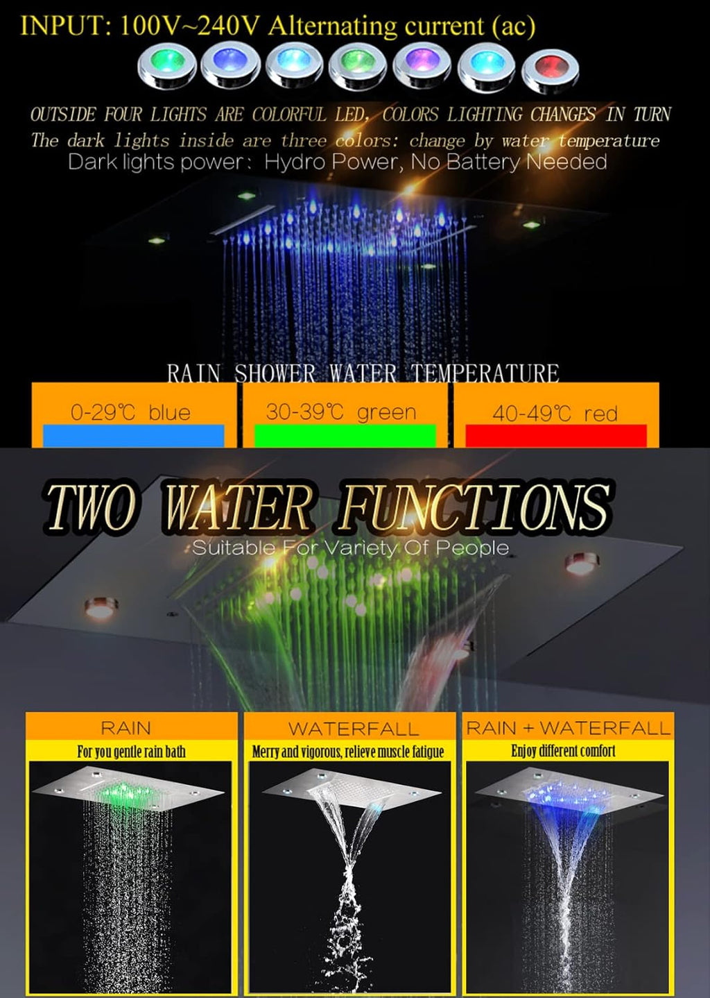 14X20 Inch LED Ceiling Rain Shower Head Rectangle Embedded Type With LED Lights Remote Control (Waterfall And Rain Shower Head, Brushed Nickel)