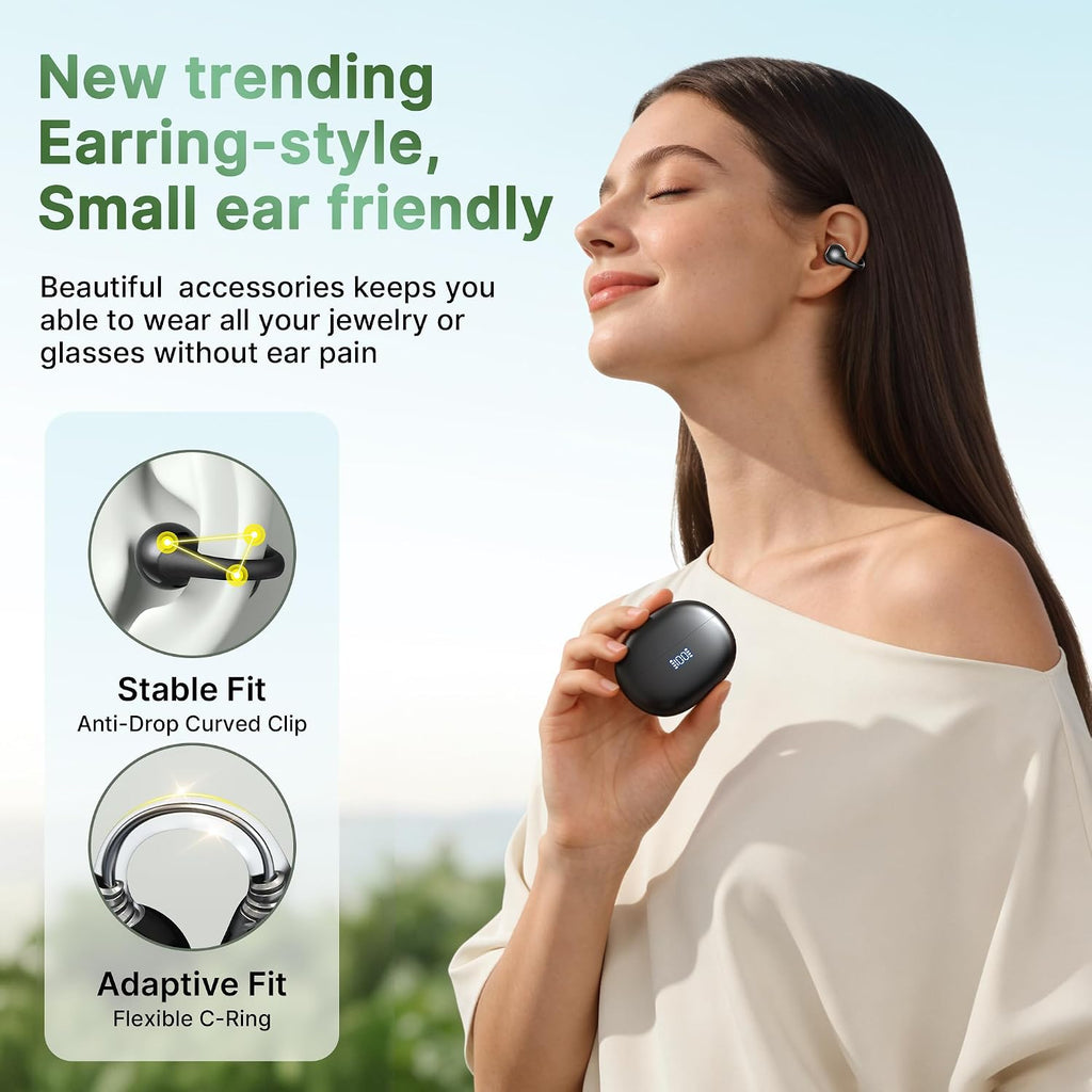 Open Ear Earbuds, Wireless Earbuds, Bluetooth 5.4 Headphones with ENC Clear Call, 60H Playtime, IPX7 Waterproof, Lightweight Comfort, Clip On Earbuds for Workout/Running, Black