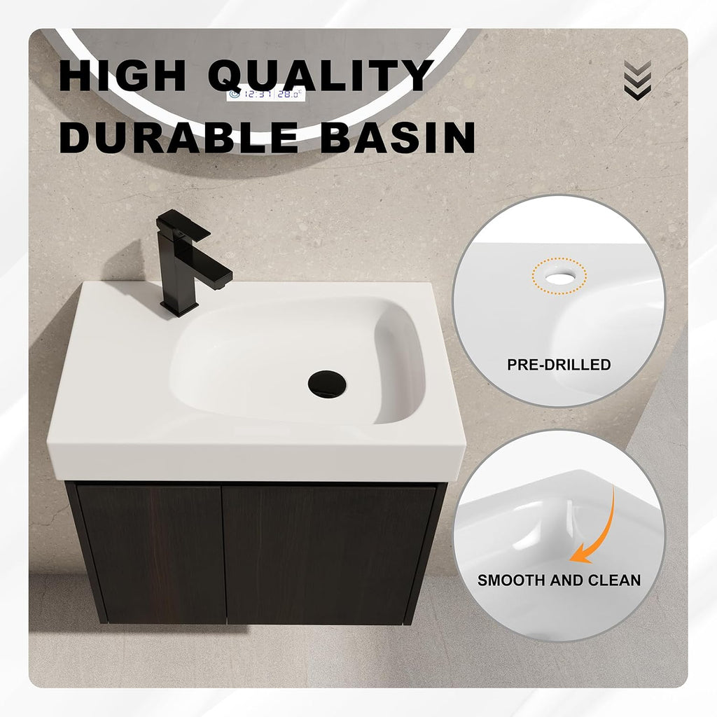 24' Floating Bathroom Vanity with Sink, Modern Wall Mounted Bathroom Cabinet with Undermount Resin Sink, Single Small Bathroom Vanities, Bathroom Storage Vanity Set with 2 Doors, Soft-Close, Black