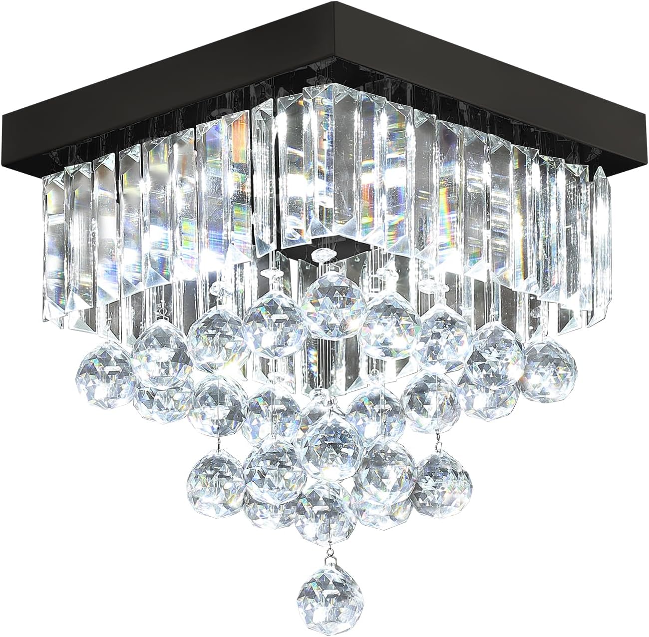 Modern Black Square Crystal Flush Mount Ceiling Light 12' 4 Lights K9 Crystal Chandelier Lighting Fixture for Bedroom Dining Room Kitchen Hallway Entryway Closet Small Living Room