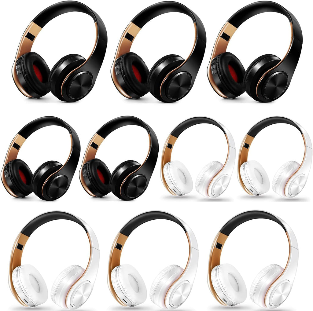 Bluetooth Headphones, Chat- Comfortable Over Ear Stereo Headphsets with Mic, Soft Earmuffs/Foldable/SD/TF, 20H Playtime, Great for Music/OFC/Tour/Gym/Game (10pcs Gold Colors)