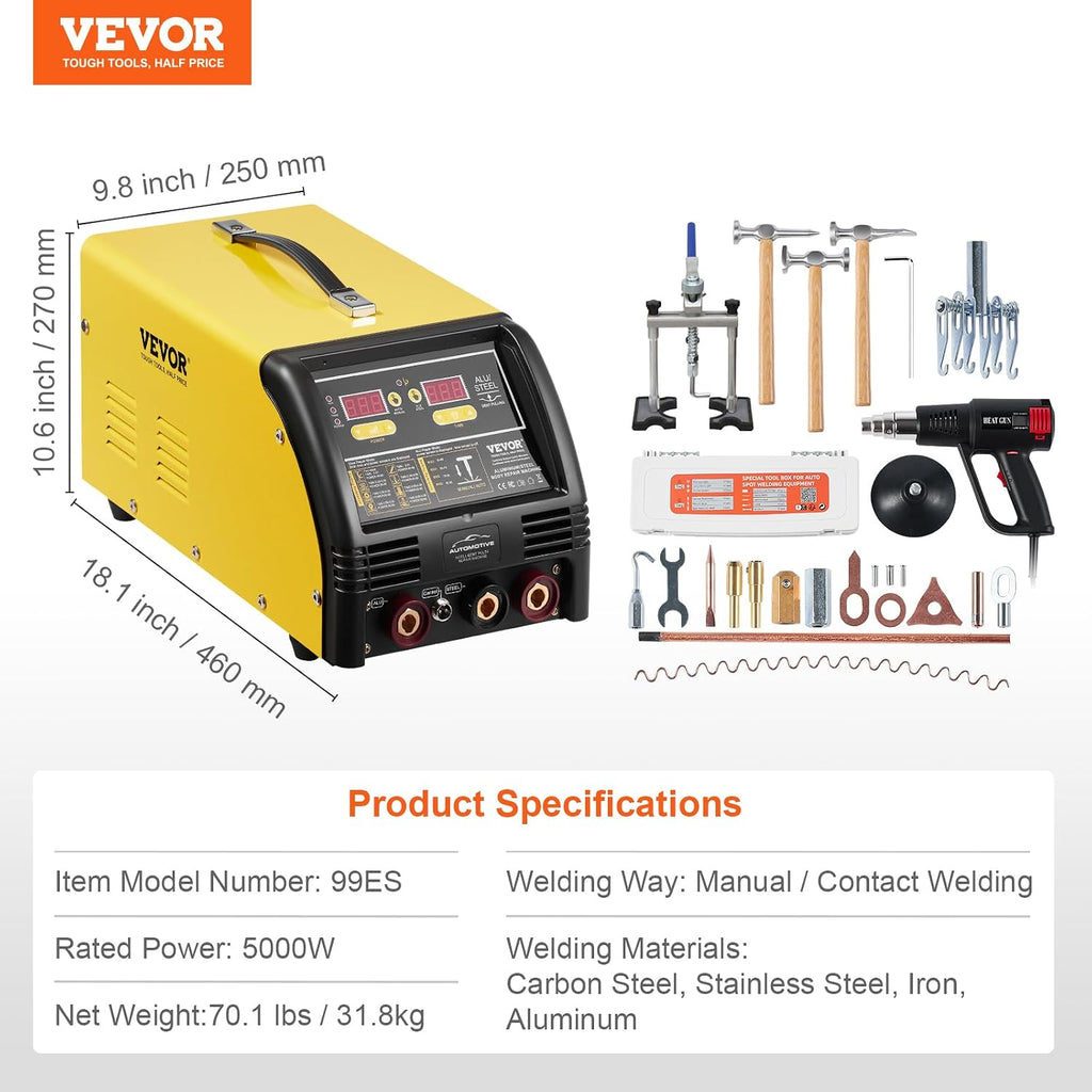 VEVOR Dual Pro Stud Welder Deluxe AL/Fe Dent Repair Kit, Professional 5KW Welder with Auto/Manual Welding and 10 Modes, 110V Spot Welding Dent Repair Machine for Steel & Aluminum Auto Panels Repair