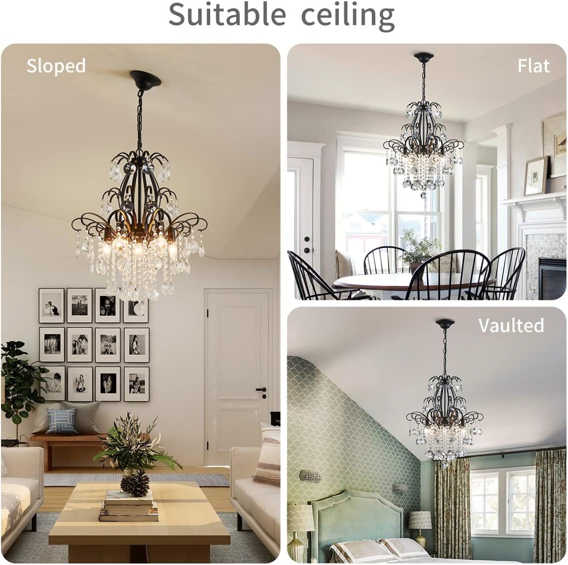WUZUPS Crystal Chandelier 5-Light Pendant Ceiling Light Modern Lighting Fixture for Bedroom Hallway Bar Kitchen Bathroom, H 22.6'' x W 19.2'', E12 Base, Black
