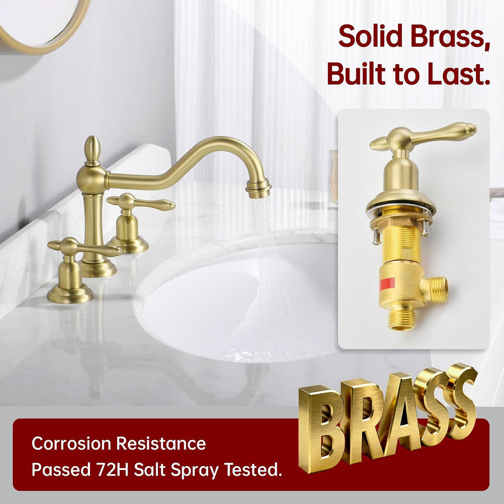 sumerain 3 Holes 8 inch Widespread Bathroom Sink Faucet, Brushed Gold 2 Handle Vanity Faucet with Swivel Spout